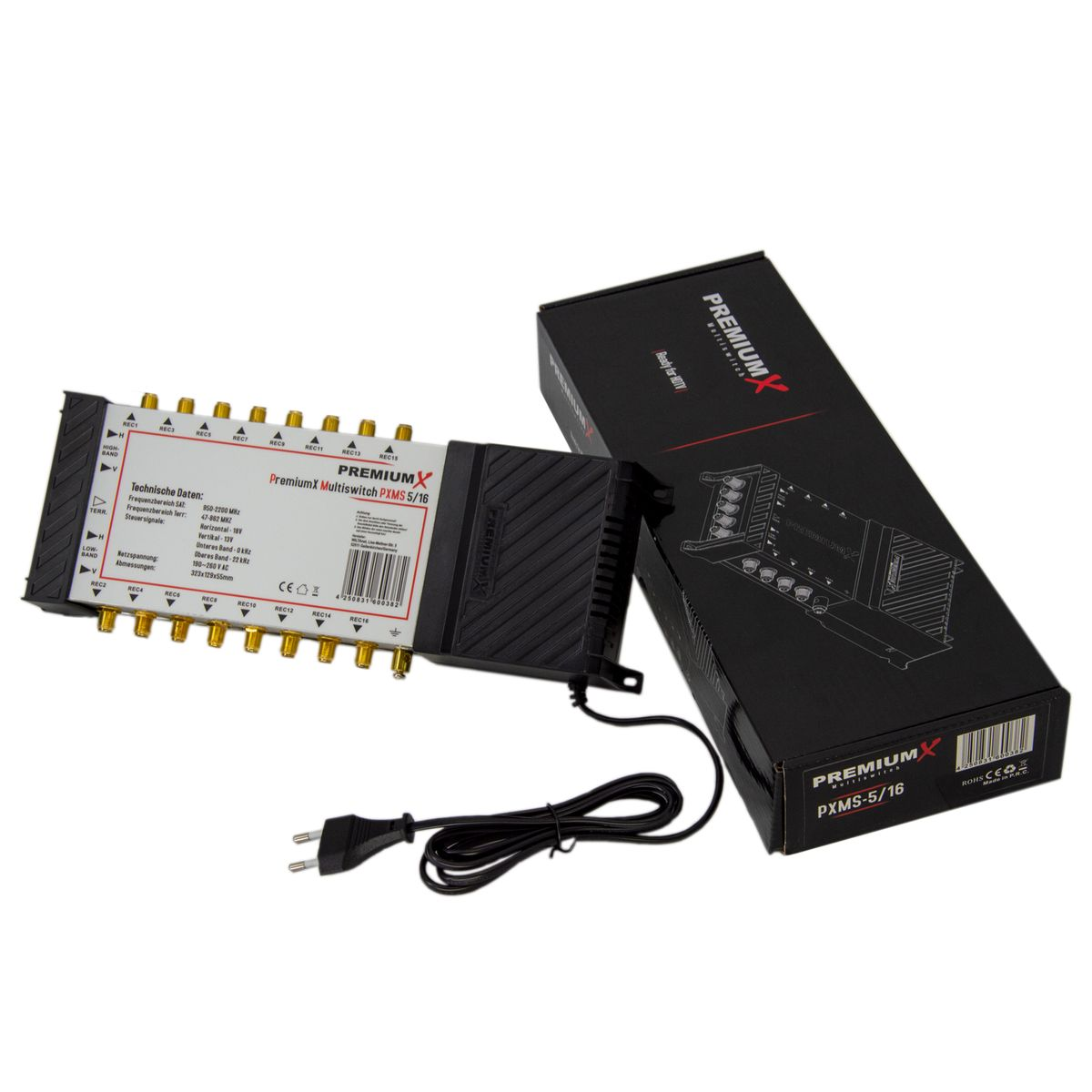 PremiumX Multiswitch-Box und Verpackung, schwarze Farbe, weißer Hintergrund.