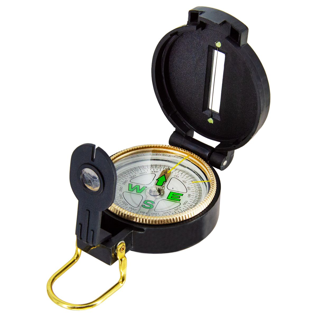 Schwarzer Kompass mit goldenem Ring. Der Kompass ist geöffnet. Der Hintergrund ist weiß.