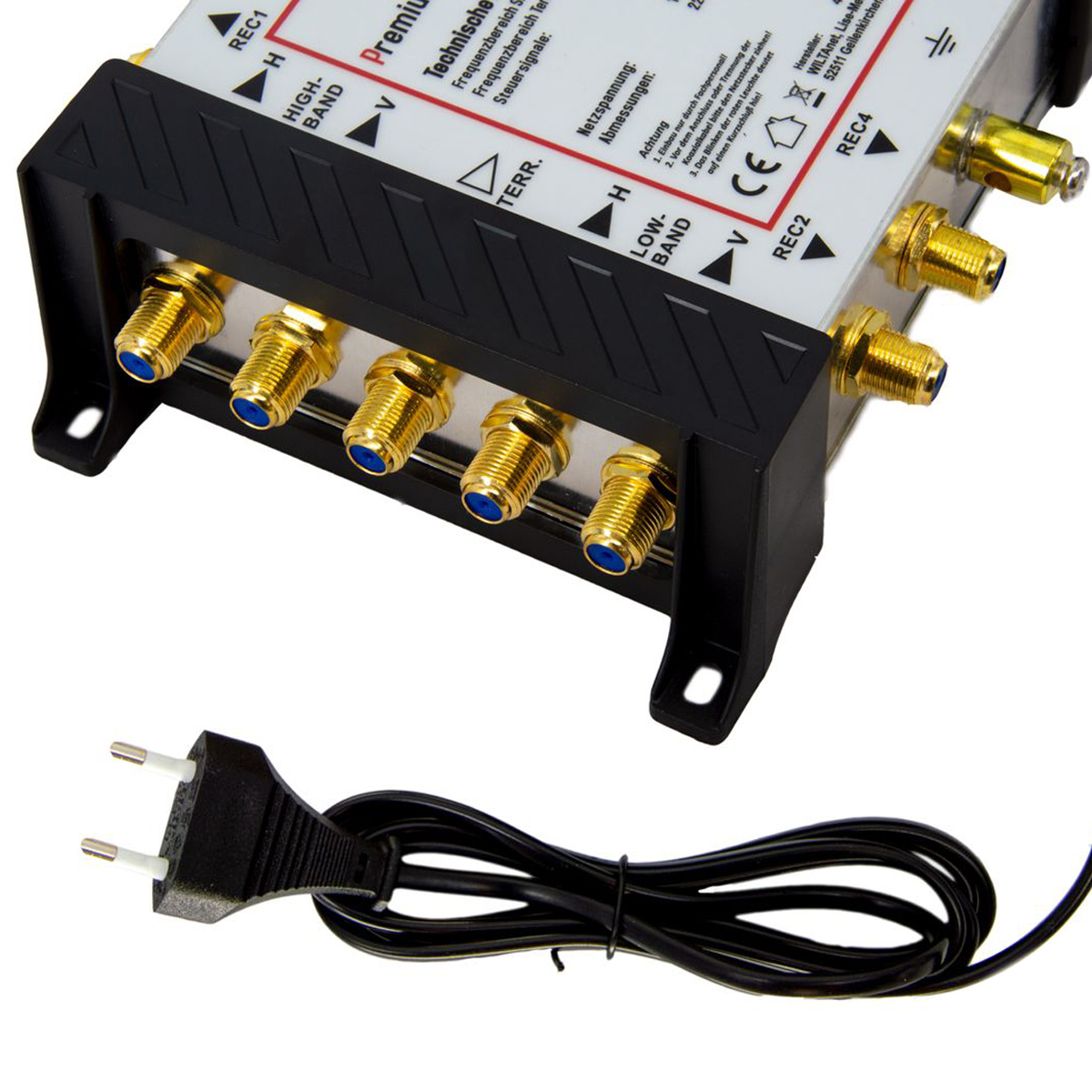 Elektronisches Gerät mit goldenen Anschlüssen und Stecker.