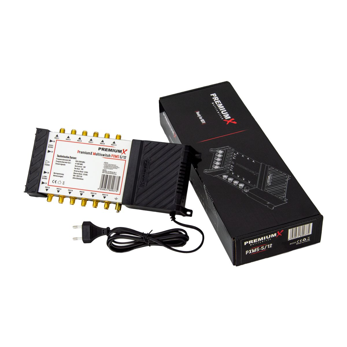 Premium X Multiswitch PXMS-5/12 mit schwarzer Box und Netzstecker, weißer Hintergrund.