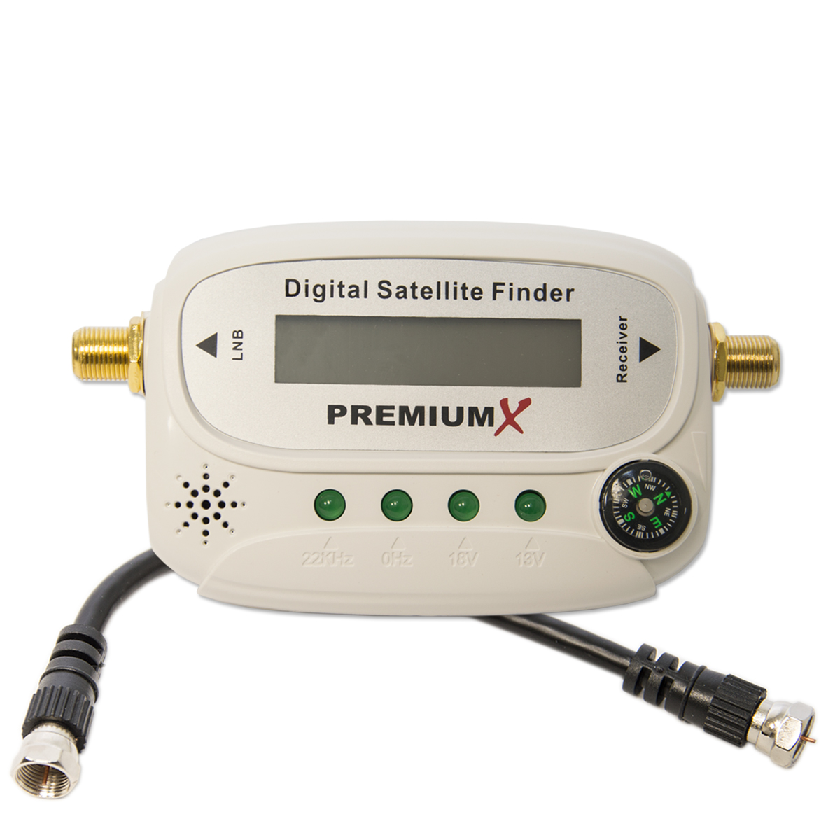 Ein digitaler Satellitenfinder mit Bildschirm, Knöpfen und Anschlüssen. Enthält einen Kompass.