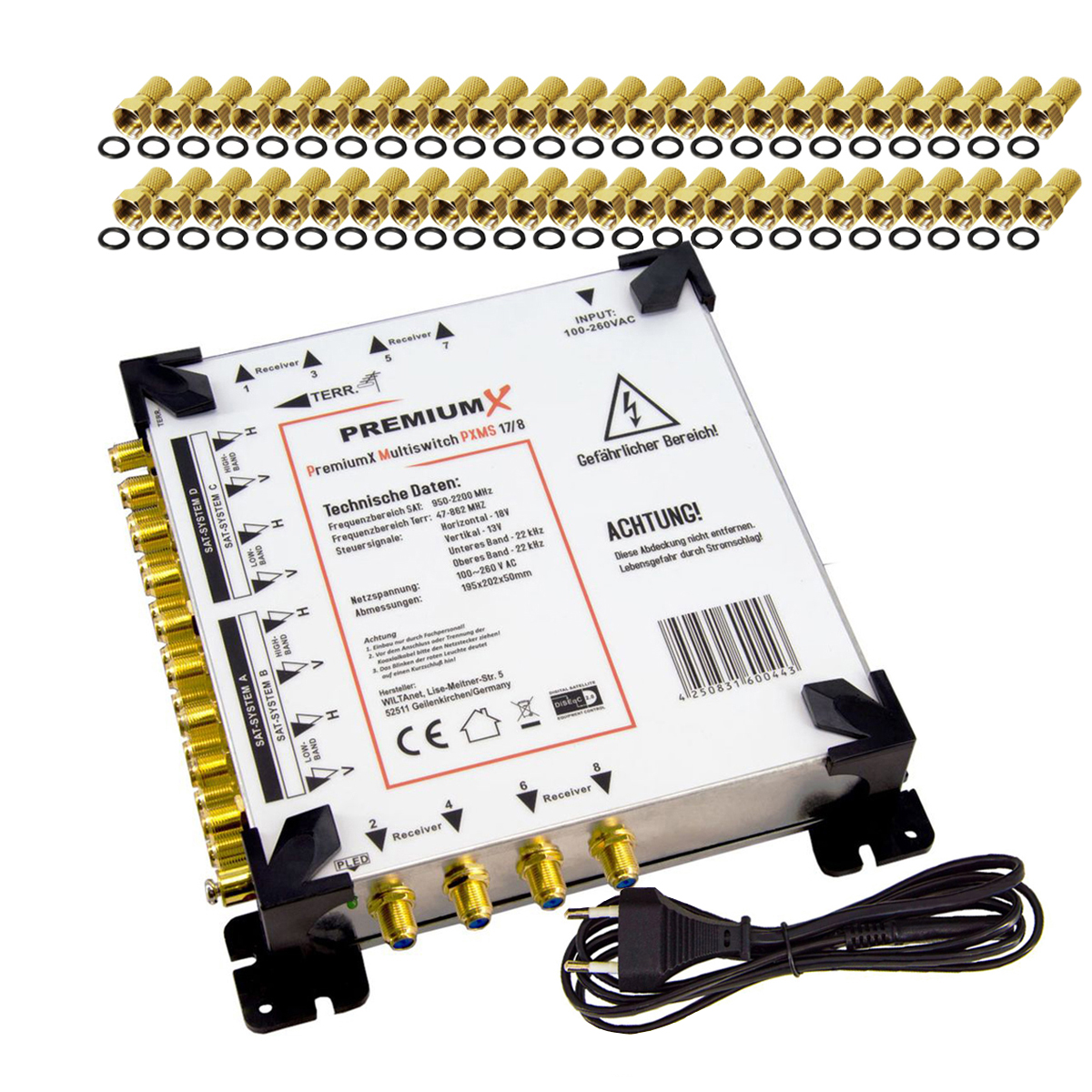 Multischalter mit Anschlüssen und Netzkabel. Es hat mehrere Ein- und Ausgänge für Receiver.