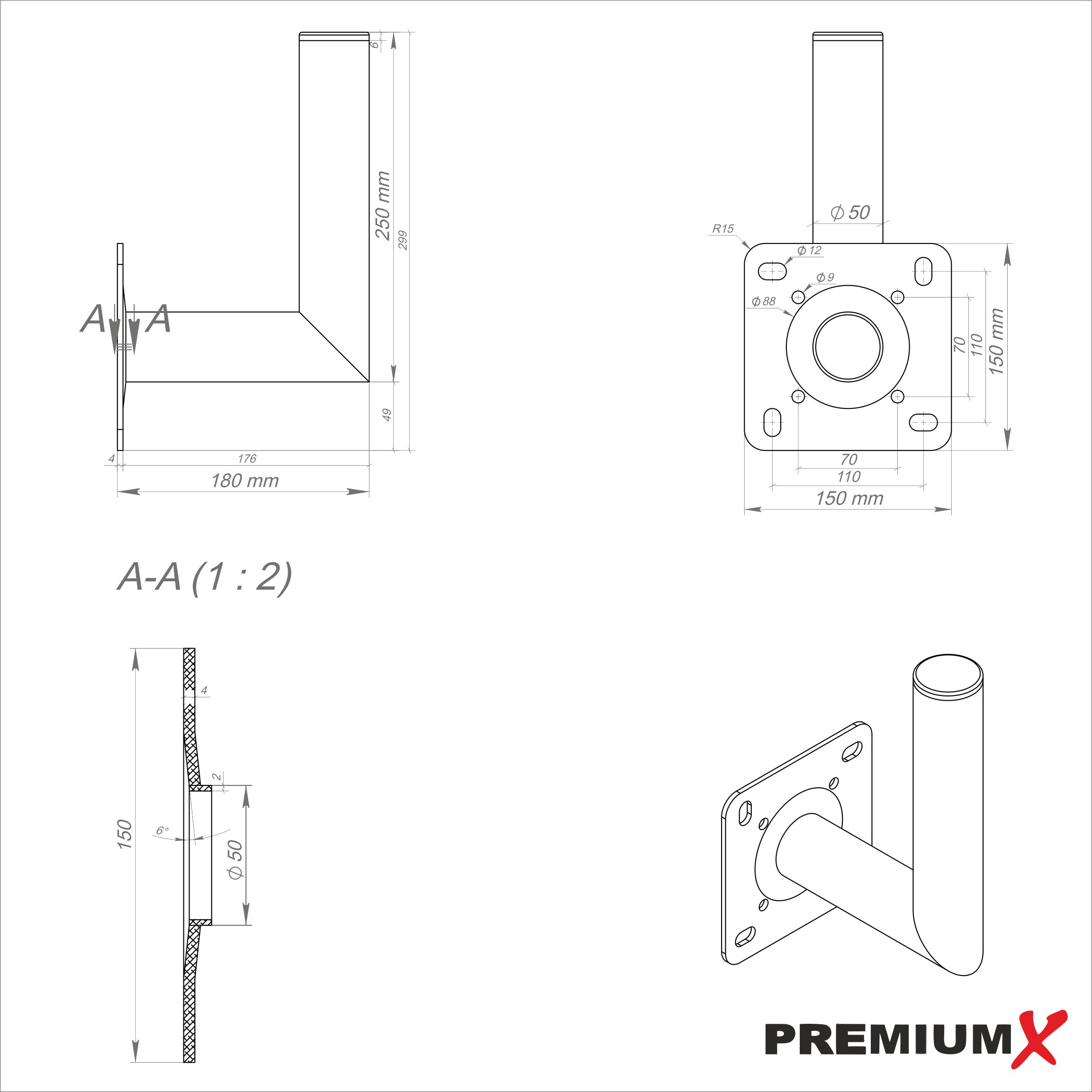 Technische Zeichnung einer Metallhalterung mit Maßen und Ansichten.
