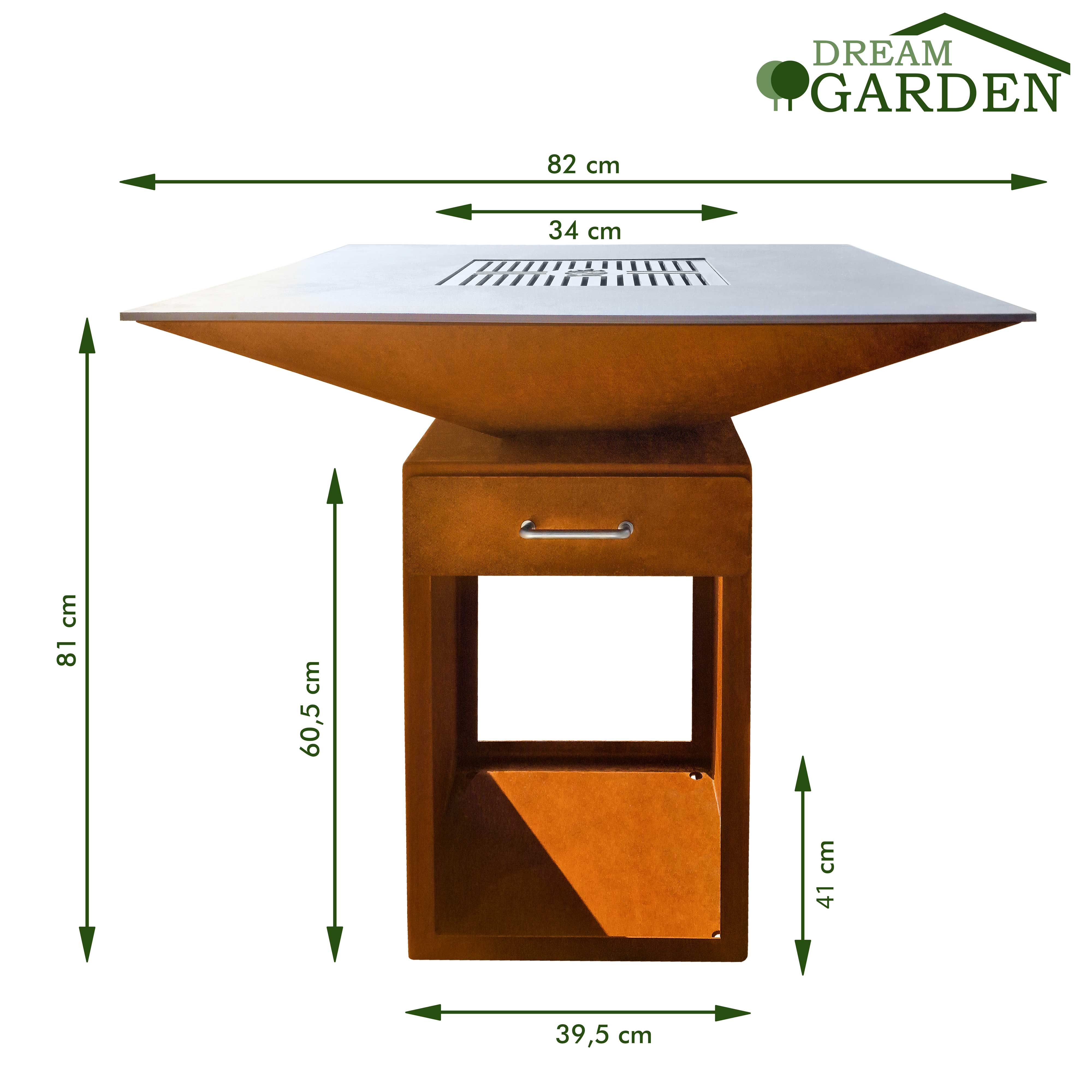 Metall-Gartentisch mit quadratischer Platte, Maße angegeben. Braune Beine und Stauraum.