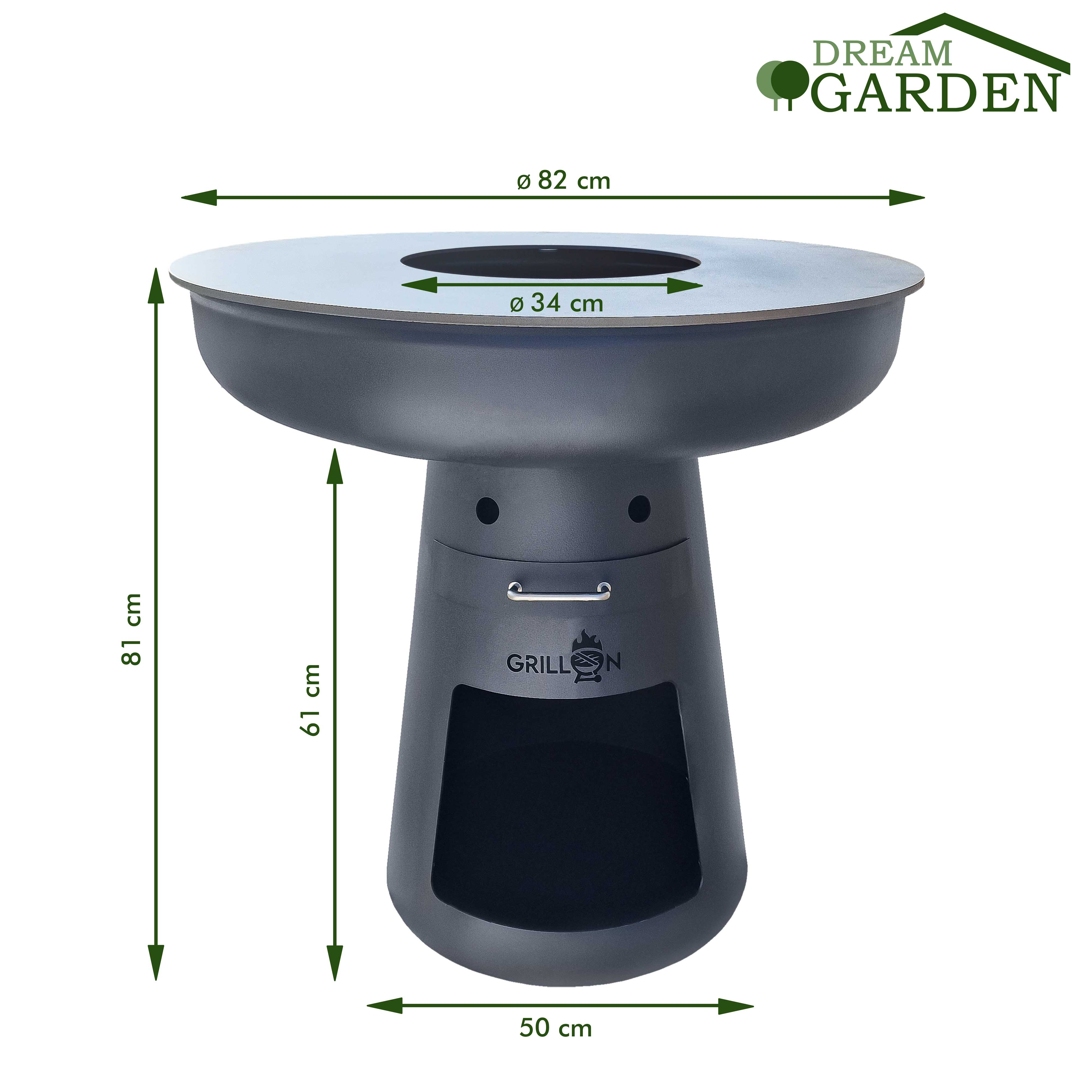 Dunkelgrauer Außengrill mit Abmessungen und Dream Garden Logo auf weißem Hintergrund.