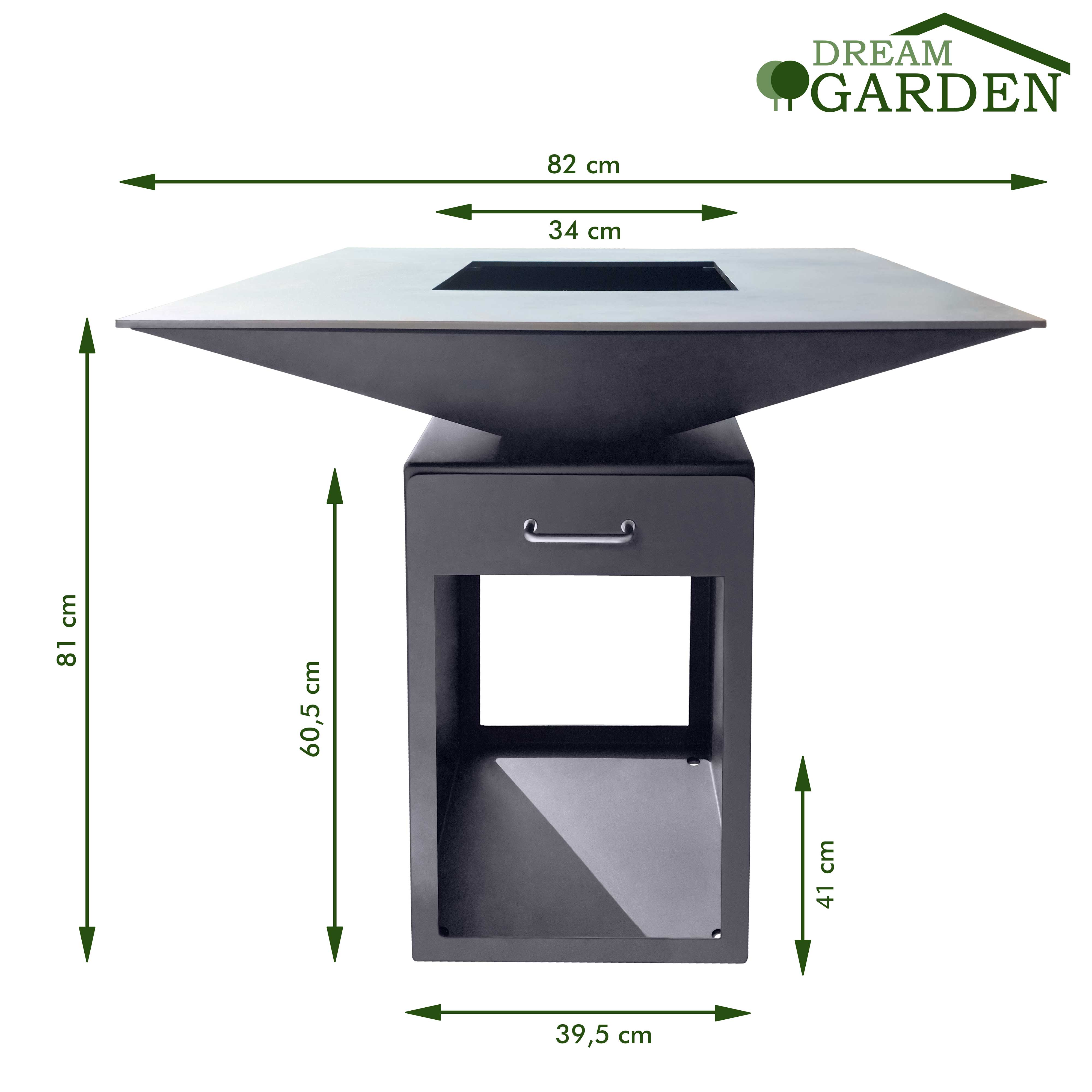 Ein schwarzer quadratischer Metall-Feuerplatz mit Maßen und Abmessungen in einem Studio-Setting, Dream Garden.