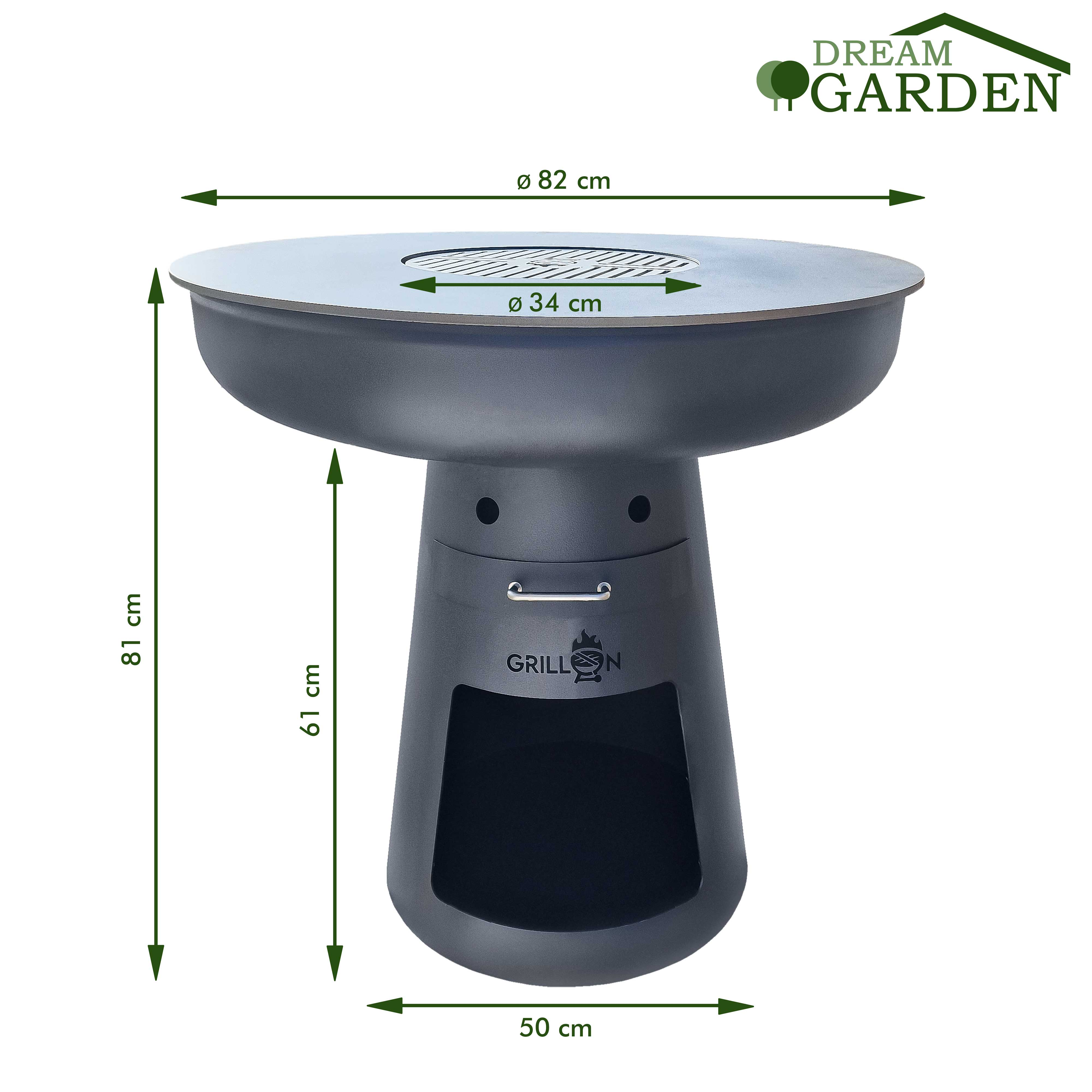 Schwarzer Grill, runde Form, mit Abmessungen und dem Logo 'Dream Garden'.