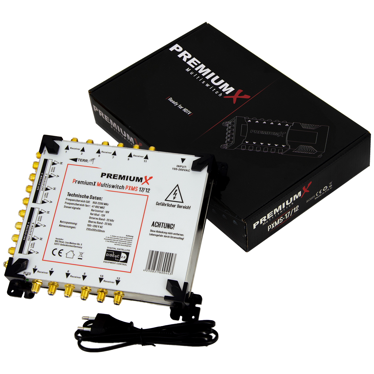 Ein schwarzer PremiumX-Multischalter mit einer schwarzen Box. Er hat viele Ein-/Ausgangsanschlüsse.