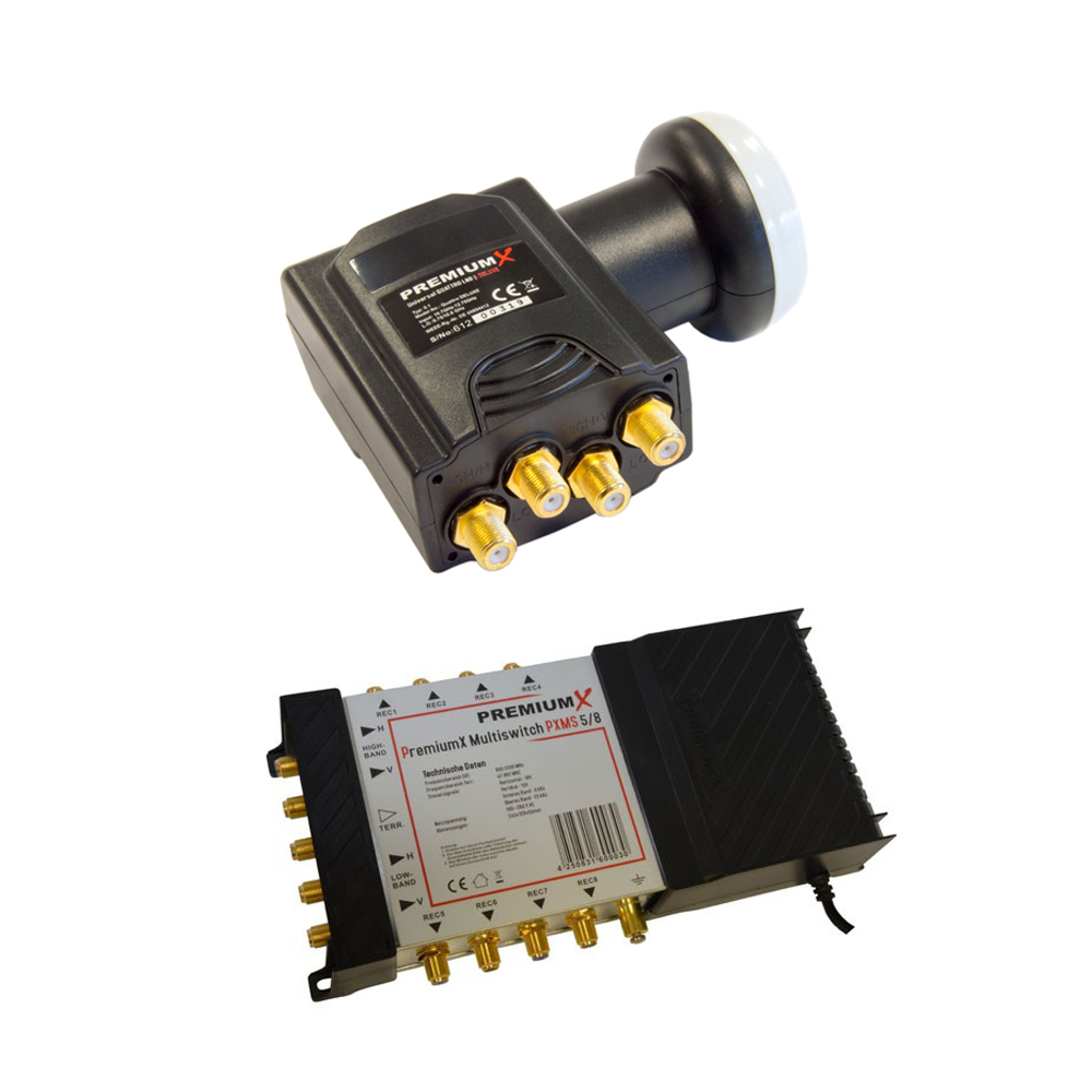 Satellitenempfänger und Multiswitch-Gerät, schwarz und grün, auf weißem Hintergrund.