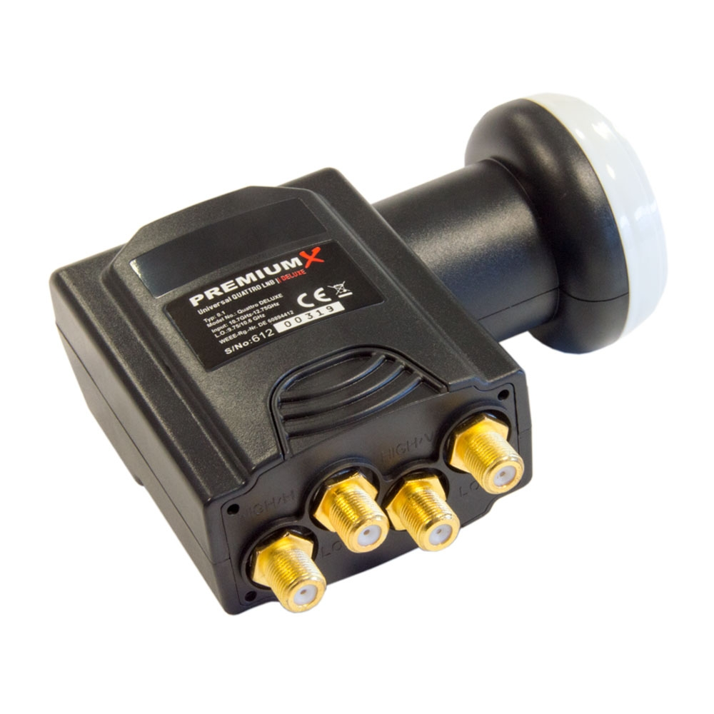 Ein PremiumX Quattro LNB. Es hat mehrere Anschlüsse und einen schwarzen Körper. Text auf dem Gerät.