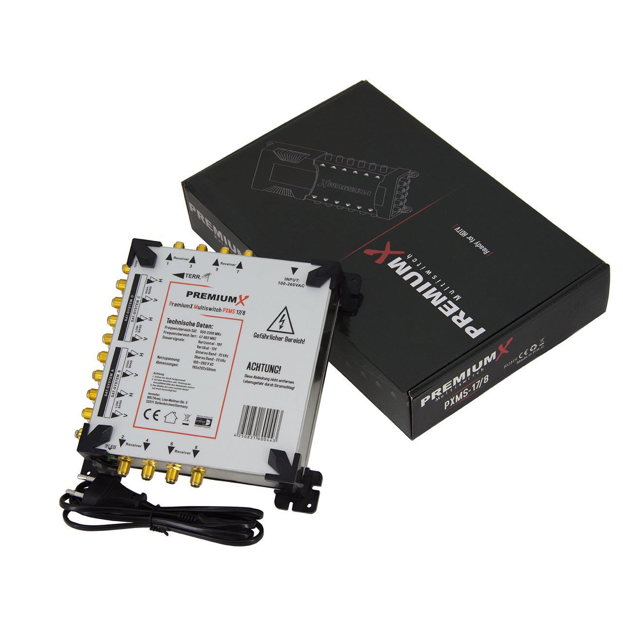 Eine PremiumX Multiswitch-Box und ihre Verpackung werden angezeigt. Die Box ist schwarz.