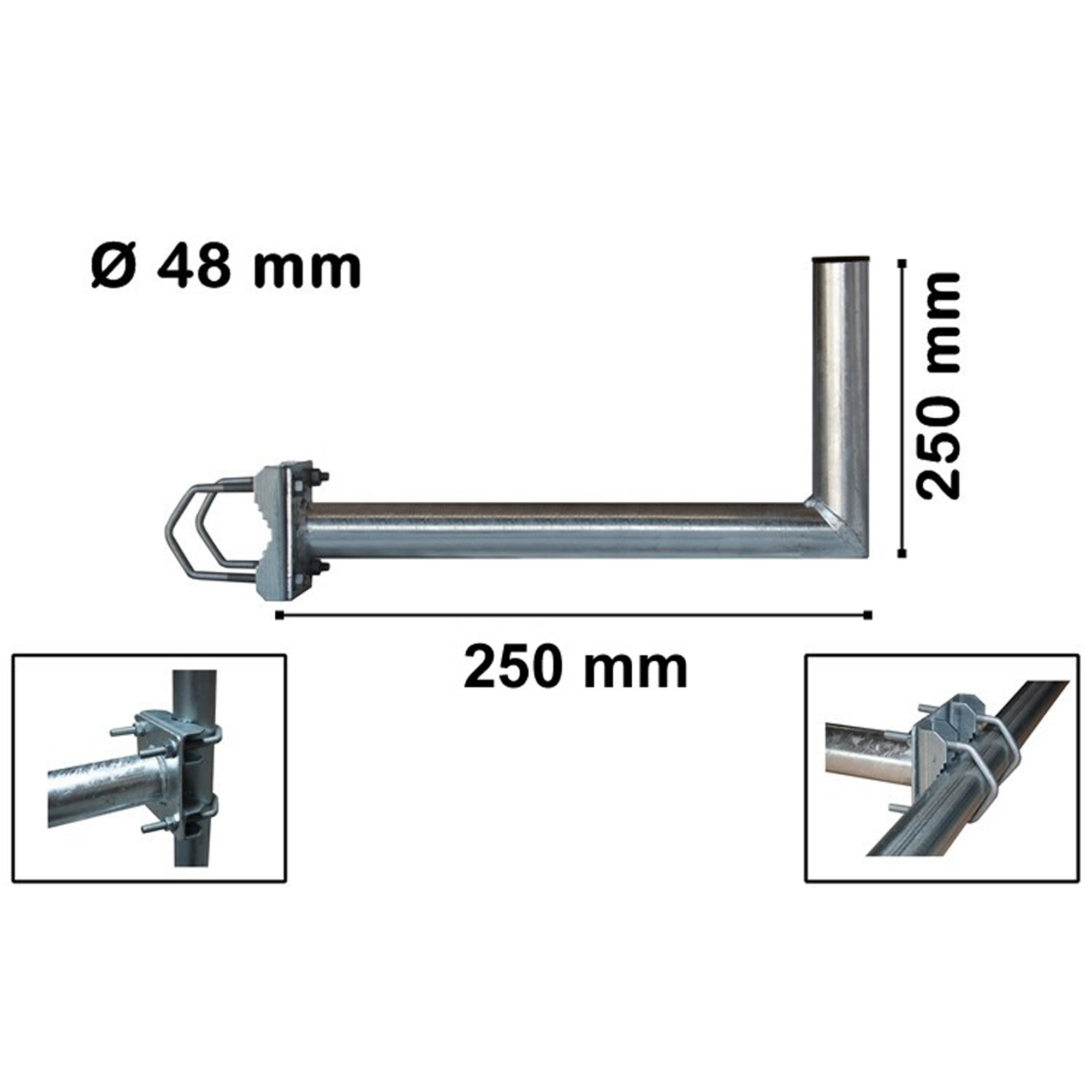 Metallhalterung mit Abmessungen und Nahaufnahmen.