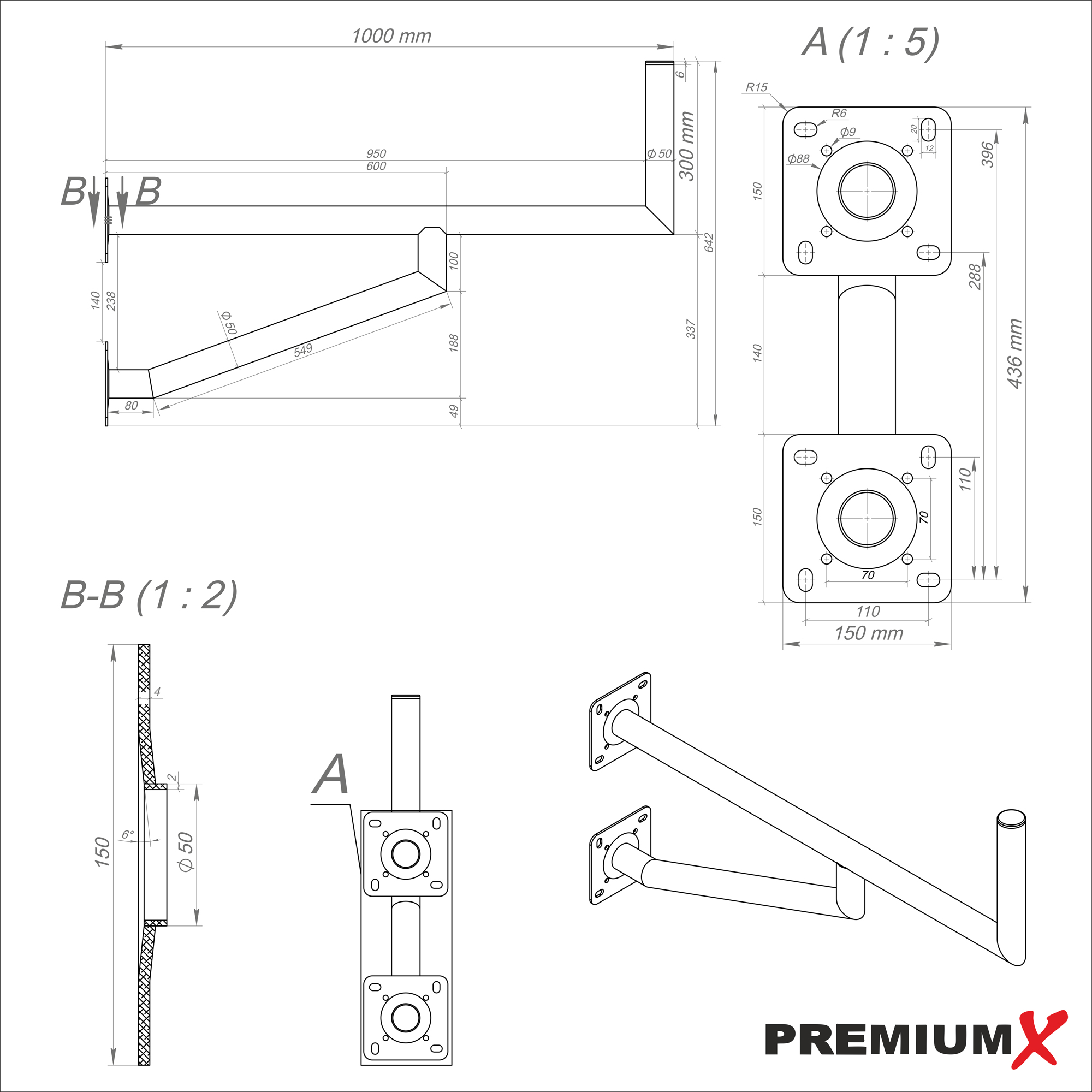 Technische Zeichnung mit Abmessungen. Sie zeigt Linien, Formen und Messungen.