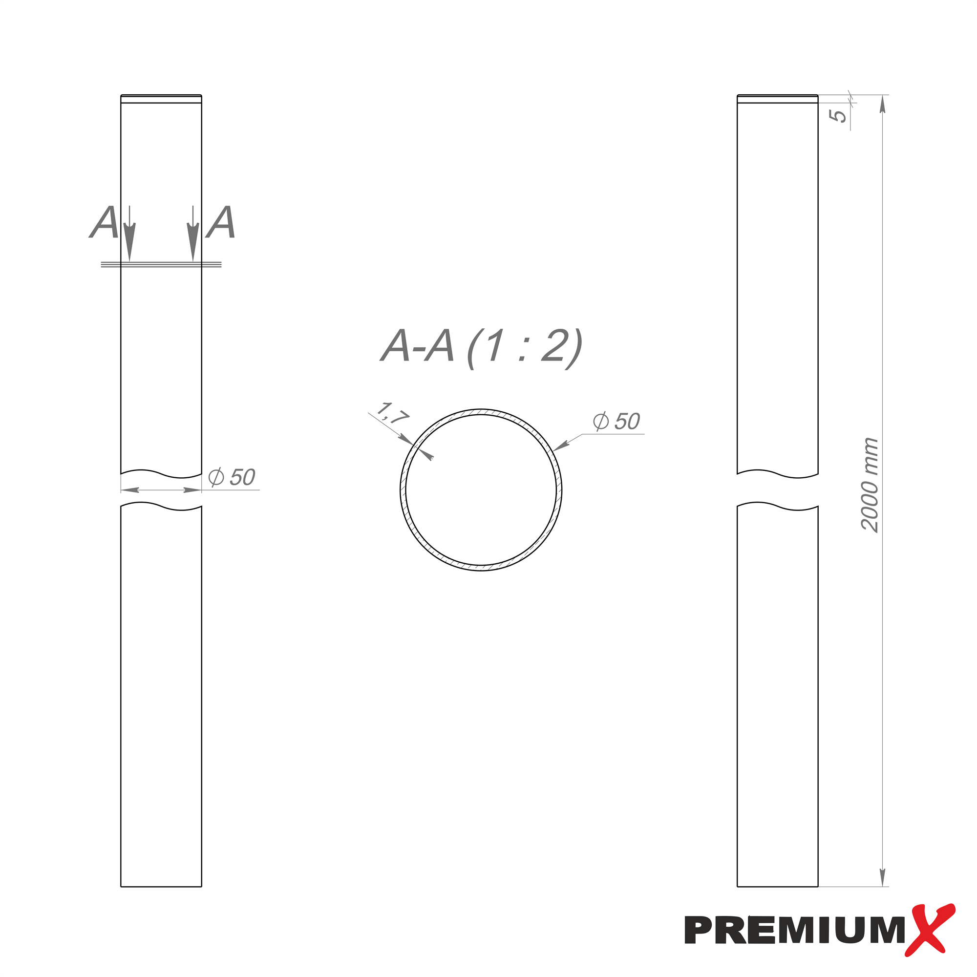 Diagramm eines Metallpfahls mit Abmessungen und einer Querschnittsansicht.