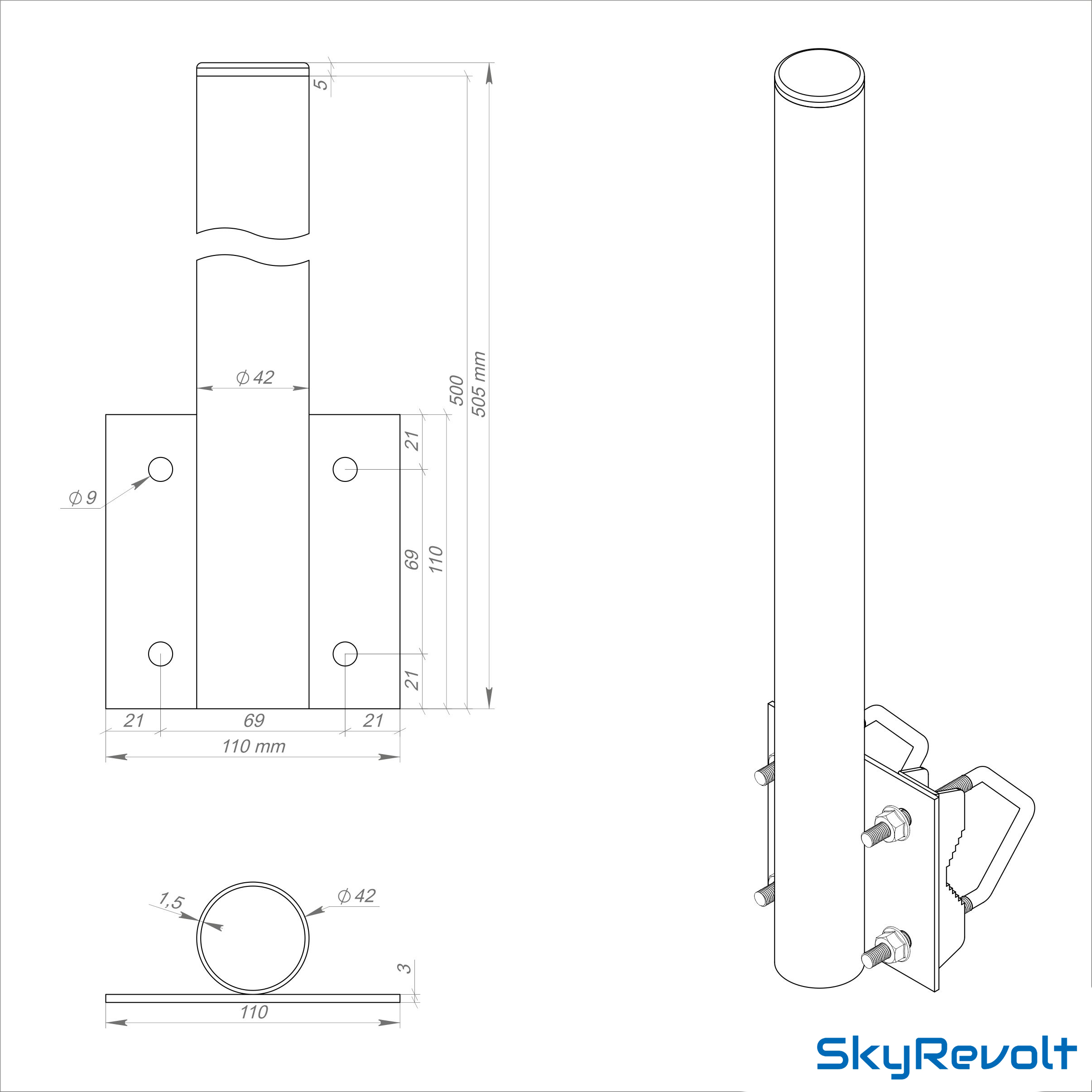 Technische Zeichnung einer Metallstruktur mit Abmessungen. Enthält Seiten- und Draufsichten.
