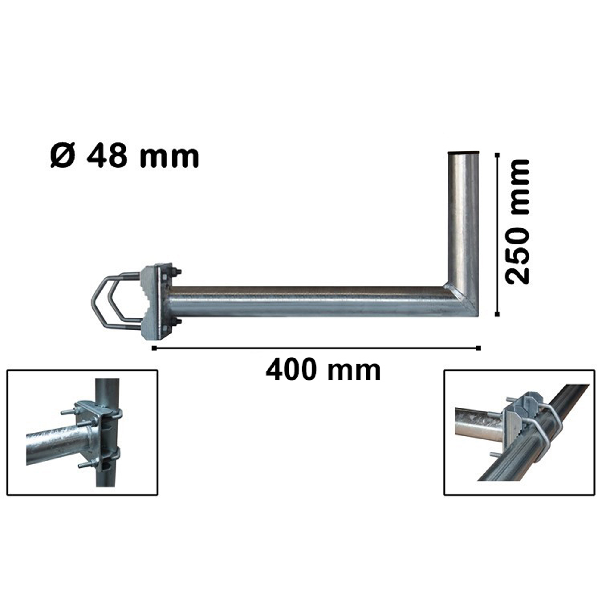 Metall-Antennenhalterung mit Maßangaben; eine Nahaufnahme der Halterung wird ebenfalls gezeigt.