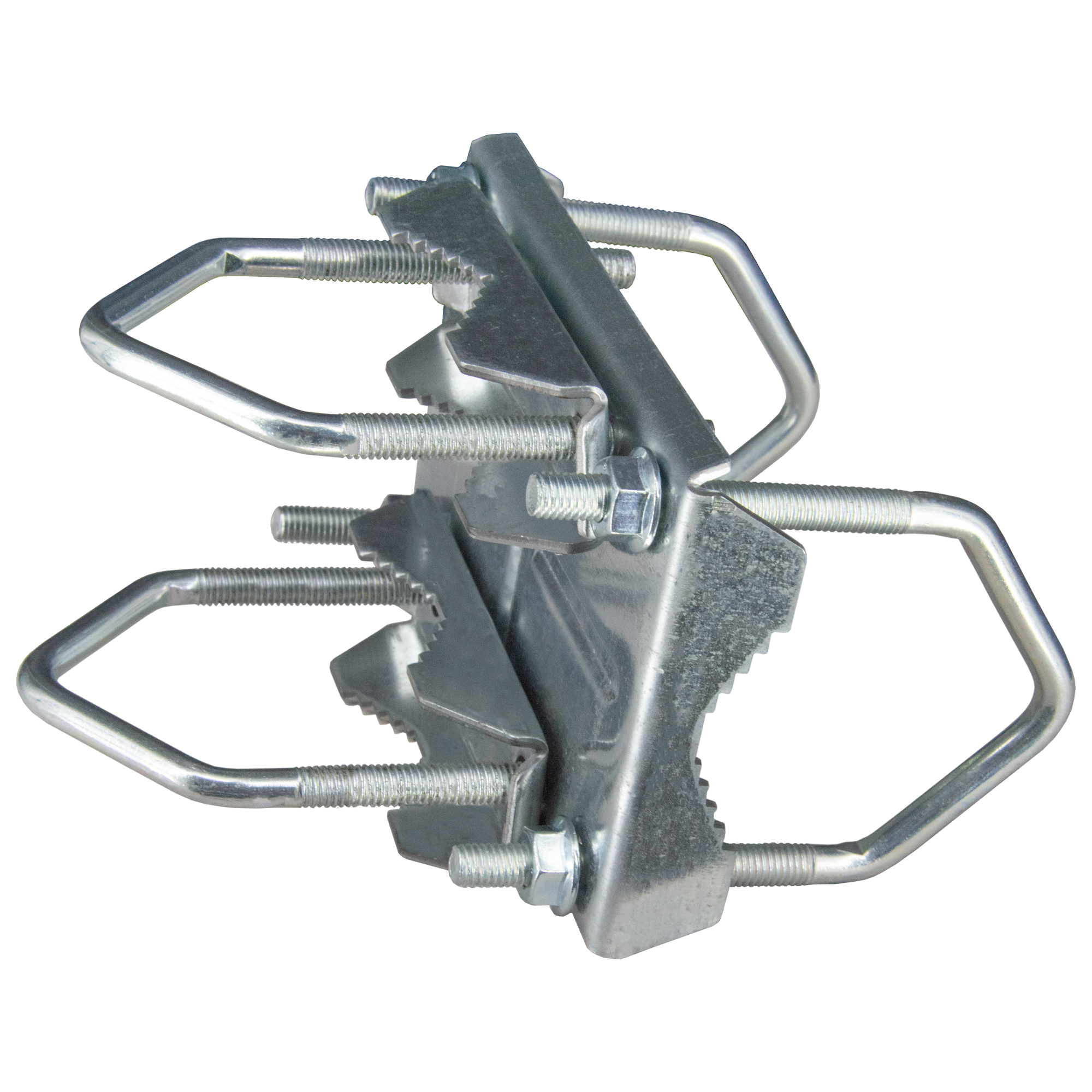 Metall-Antennenhalterung mit Schrauben. Die Halterung besteht aus mehreren Metallteilen, die miteinander verbunden sind.
