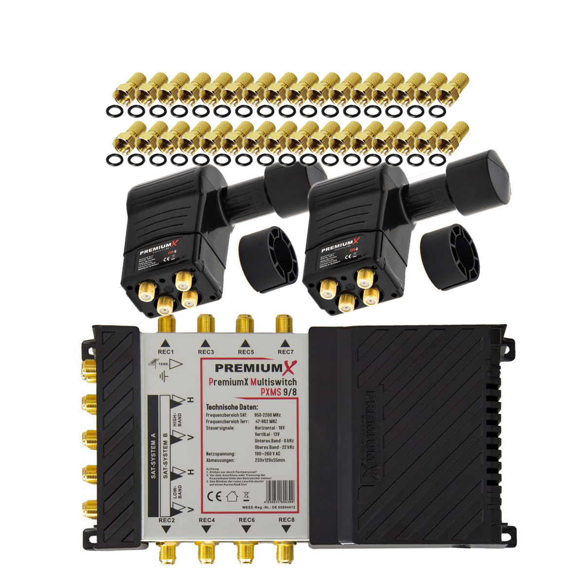 Ein PremiumX-Multiswitch mit verschiedenen Anschlüssen und einem Etikett mit Spezifikationen, auf Weiß.