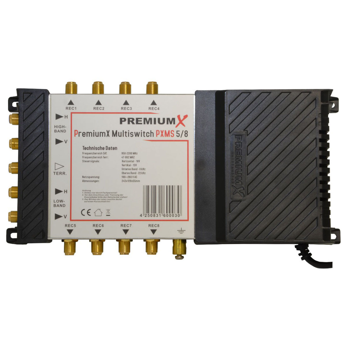 Ein schwarz-weißes Multi-Switch-Gerät mit technischen Daten.