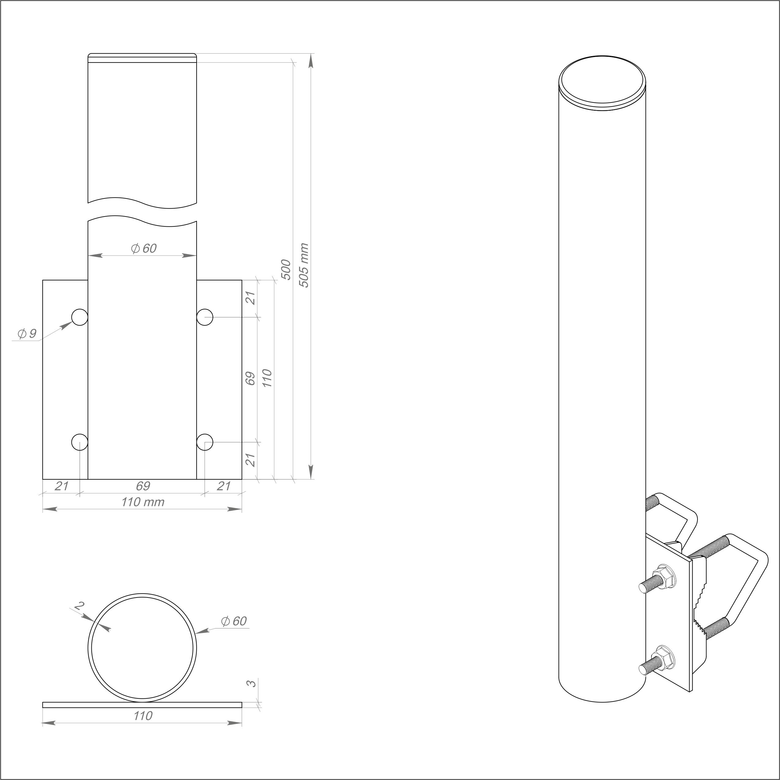 Technische Zeichnung eines zylindrischen Pfahls mit Montagehalterungen und Abmessungen.