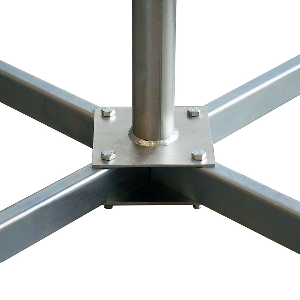 Metallbasis eines Geräts. Es hat eine zentrale Stange, die mit einem Metallquadrat mit Schrauben verbunden ist.