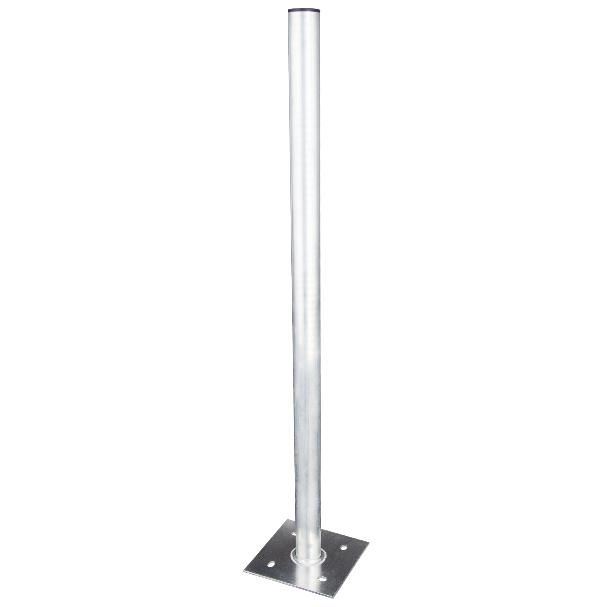 Eine hohe, silberne Metallstange mit quadratischem Sockel, aufrecht stehend.