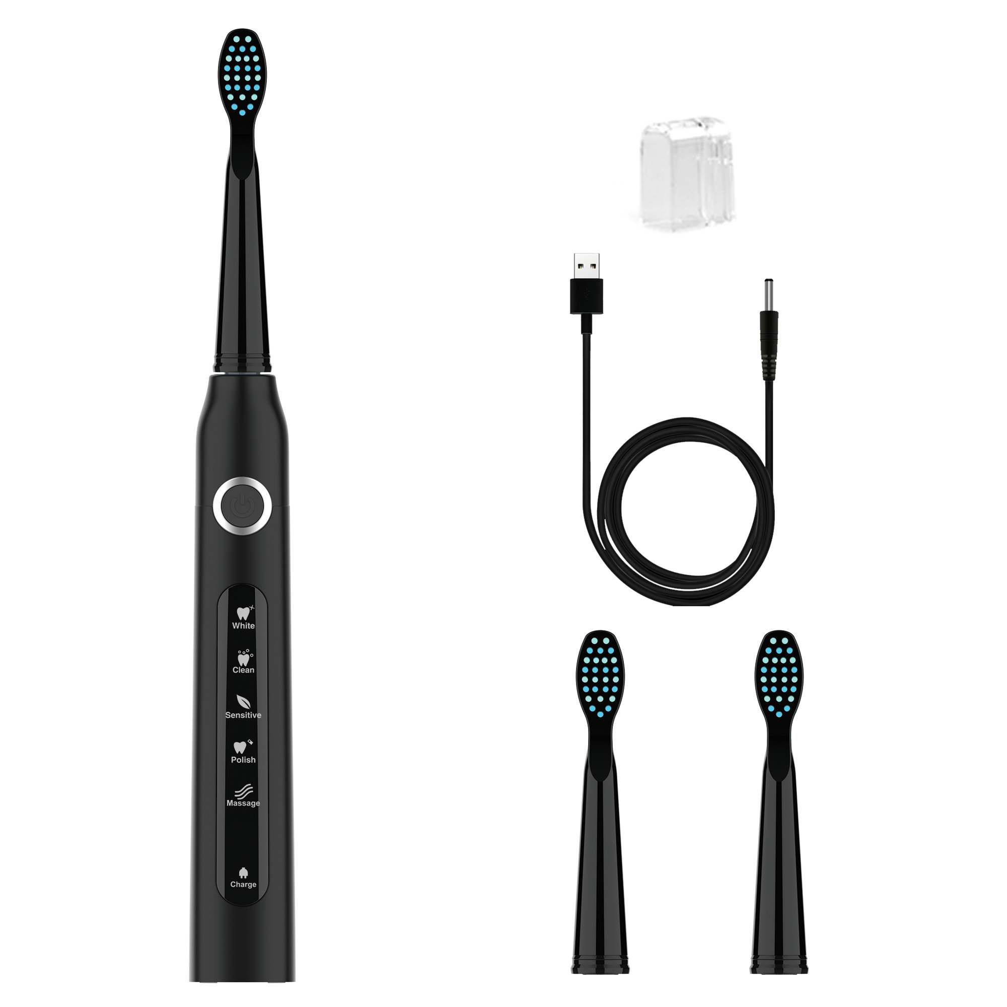 Cepillo de dientes eléctrico negro con accesorios de carga y cabezales de cepillo adicionales, sobre un fondo blanco.