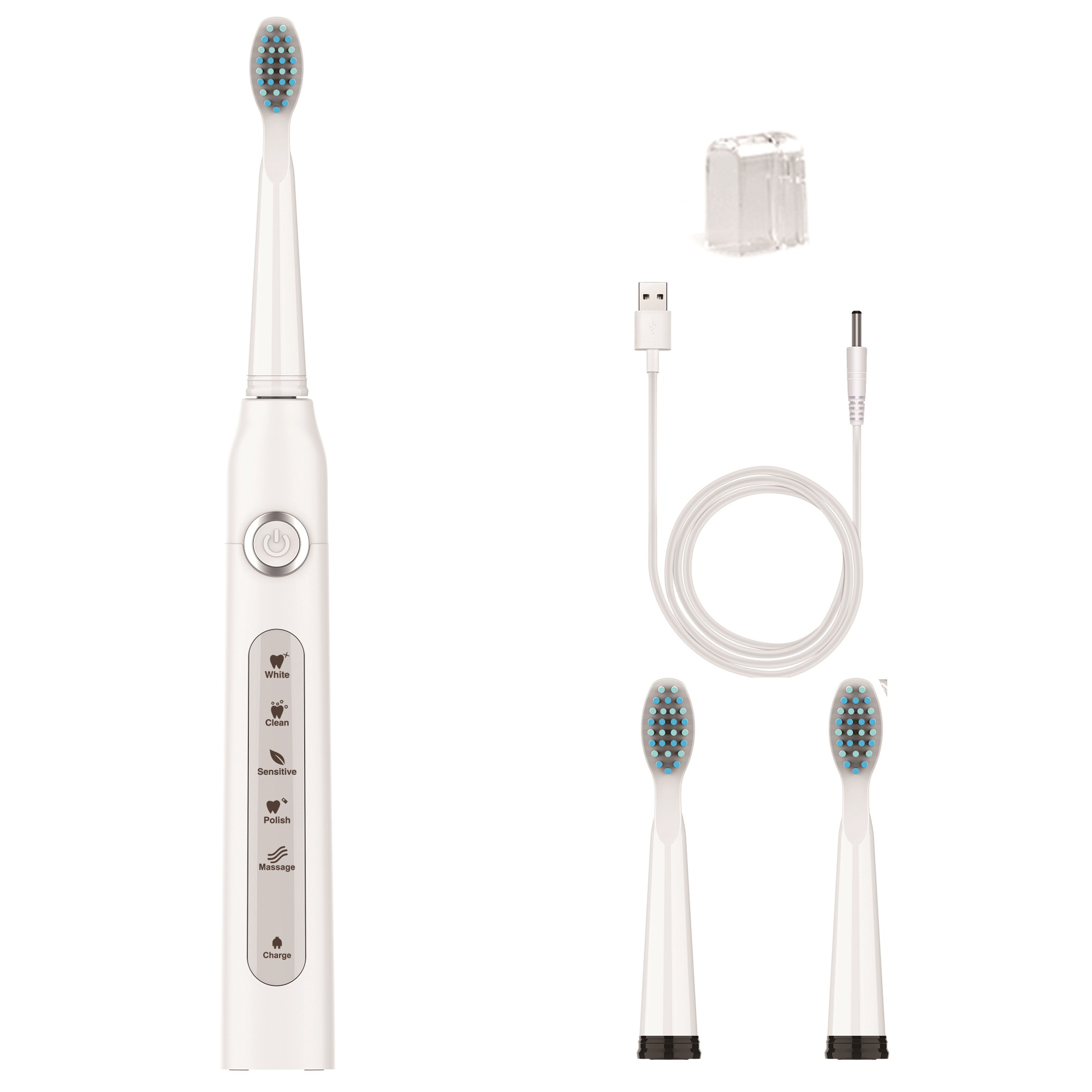 Un cepillo de dientes eléctrico blanco y accesorios. Incluye cabezales, un cable de carga y un cargador.