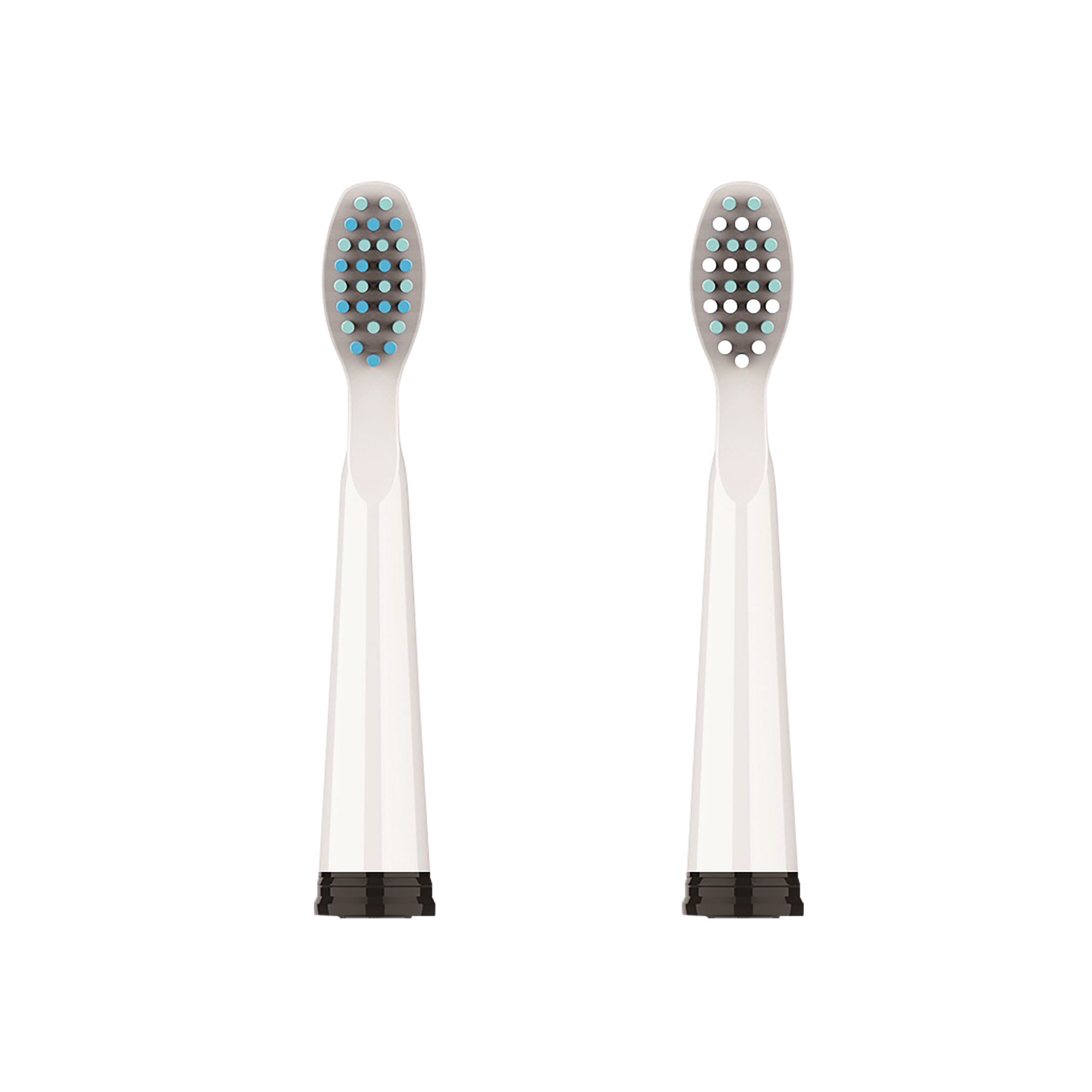 Dos cabezales de cepillo de dientes blancos con cerdas azules y blancas.