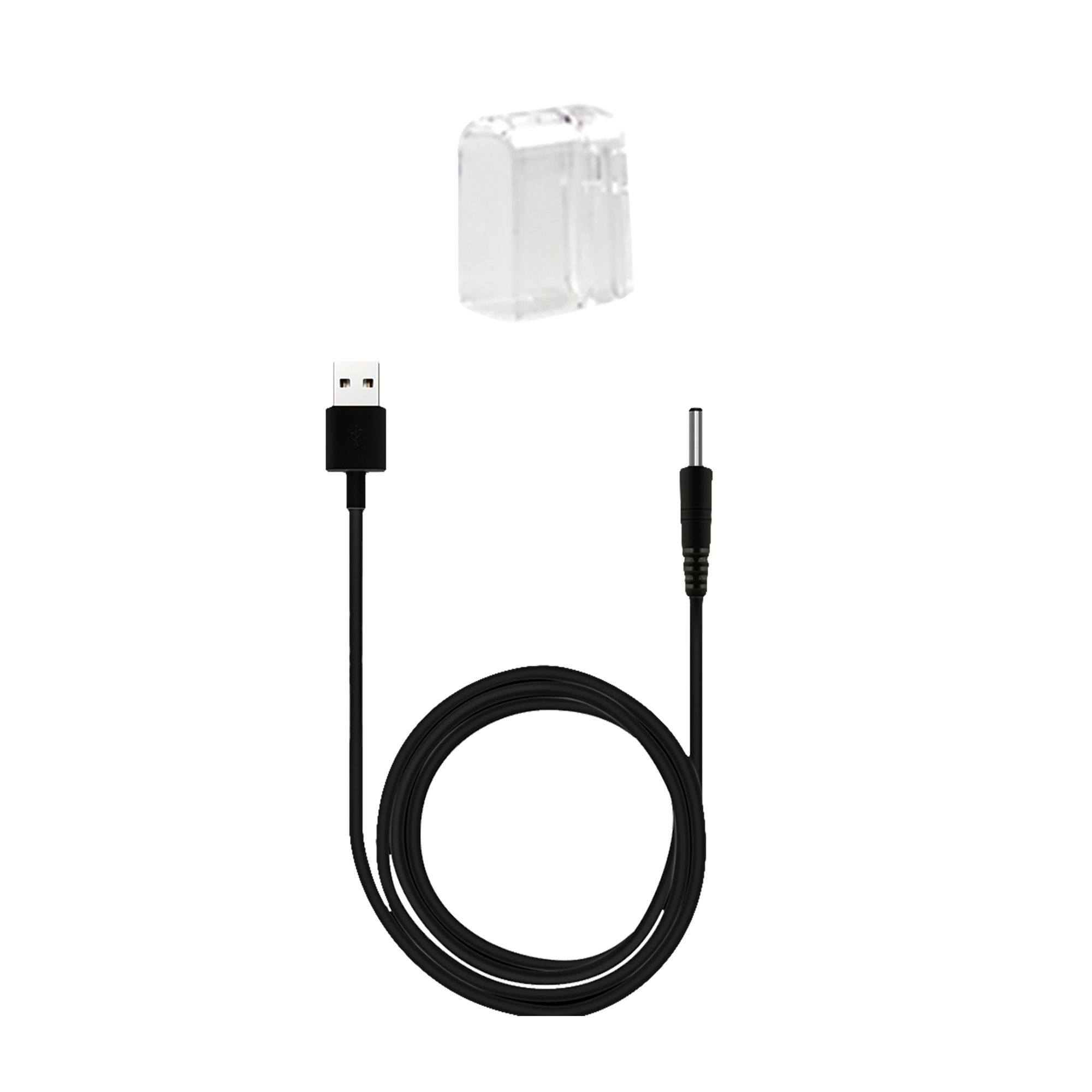 Cable USB negro con conector y un adaptador de plástico transparente sobre fondo blanco.