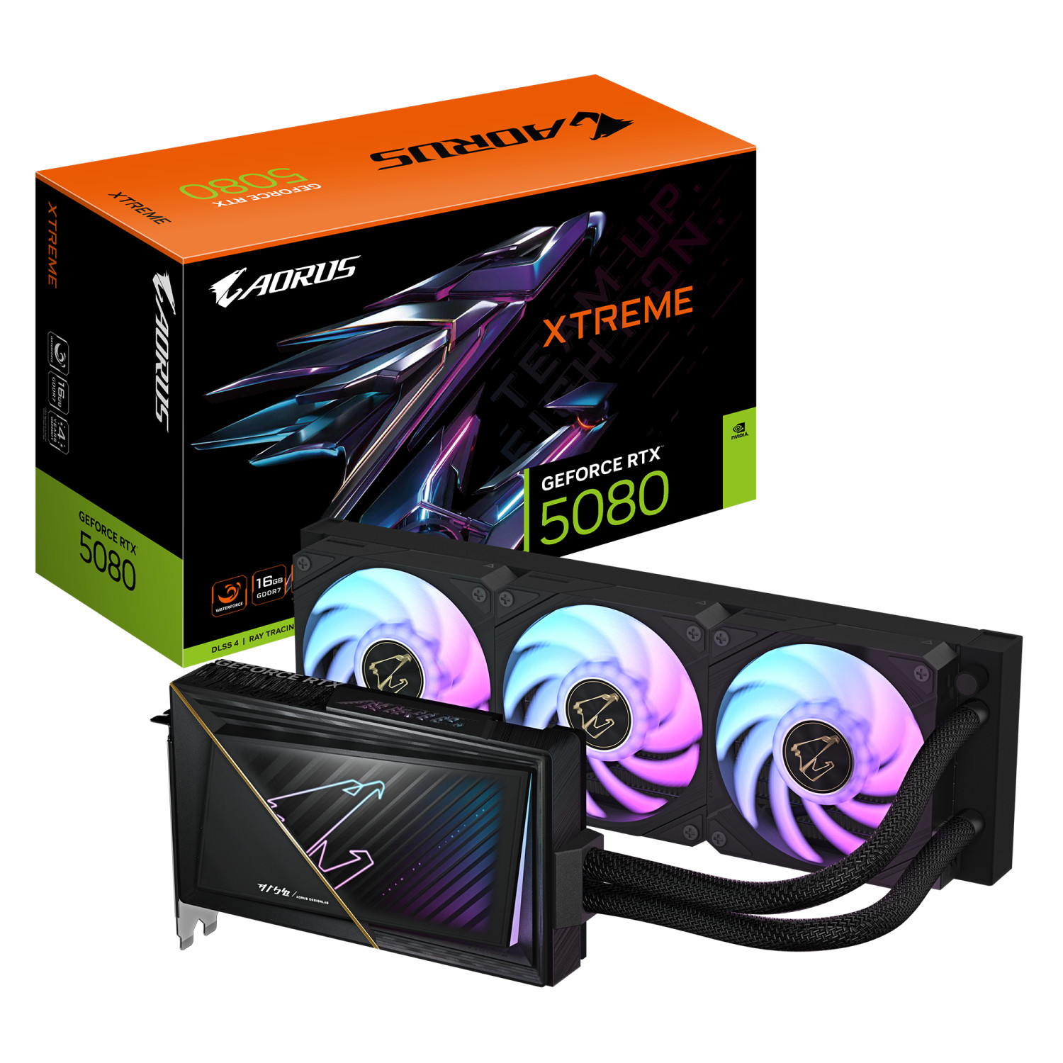 Boîte et carte graphique AORUS RTX 5080 avec ventilateurs. Boîte noire et orange. La carte a trois ventilateurs avec des lumières bleues et violettes.