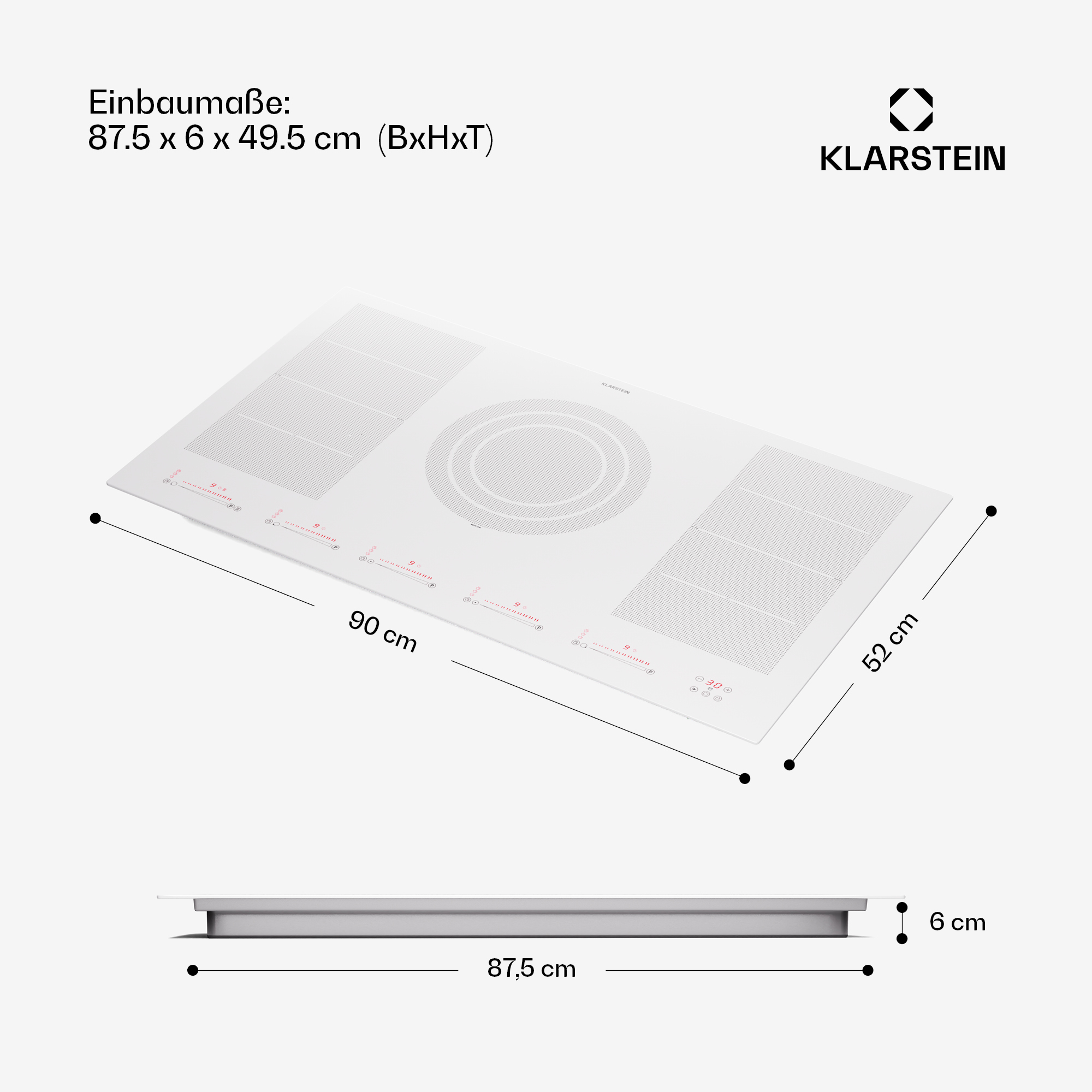 Placa de inducción blanca con dimensiones. Forma rectangular con zona de cocción circular.