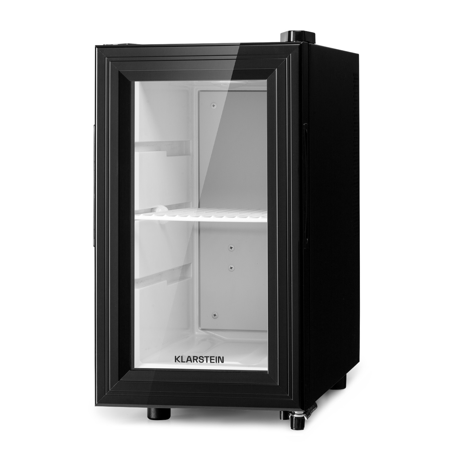 Mininevera negra con puerta de cristal, dos estantes e interior blanco.