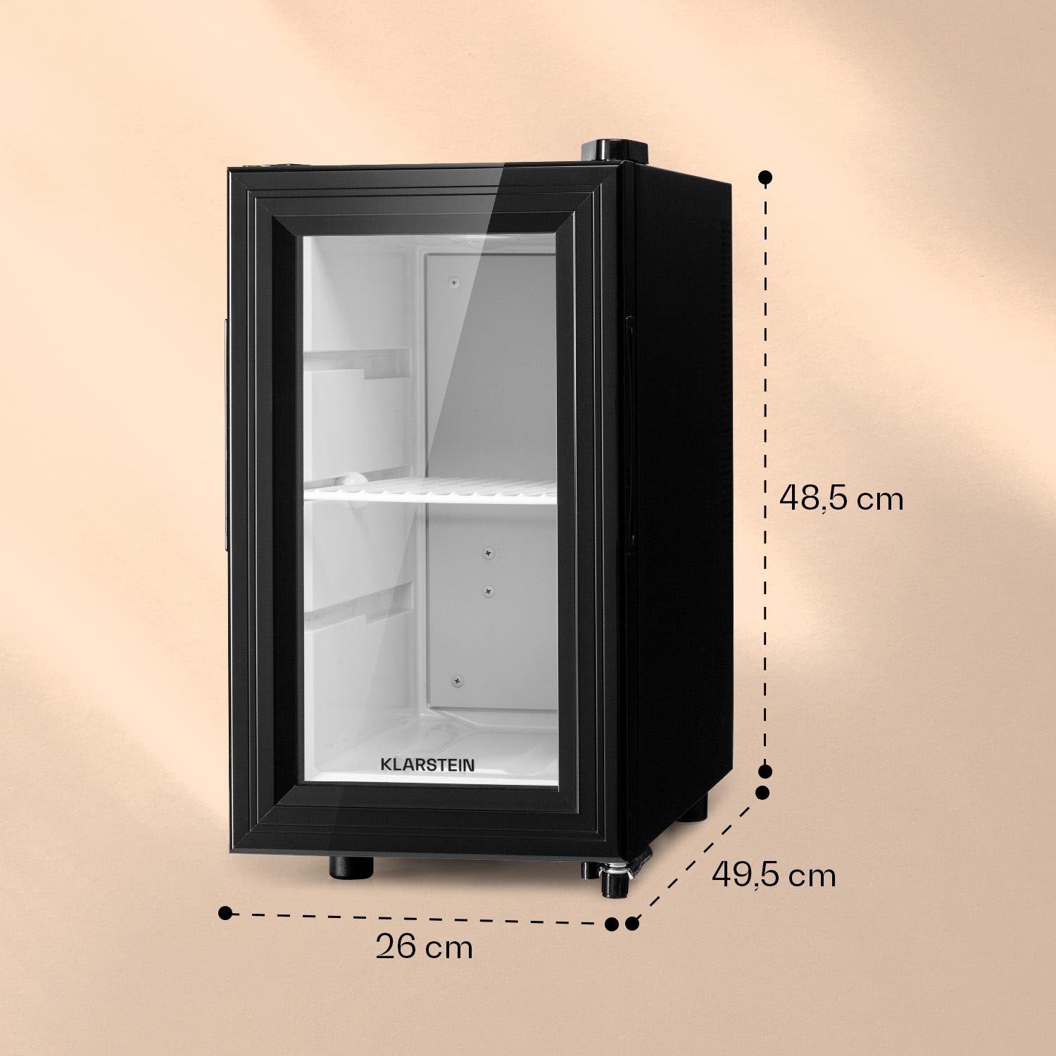 Mininevera negra con puerta de cristal. Se muestran las dimensiones.