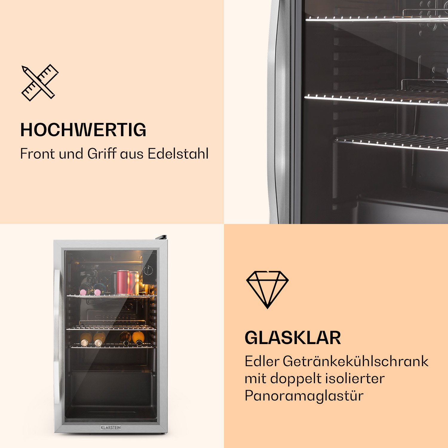 Edelstahl-Kühlschrank mit Glastür. Text beschreibt den hochwertigen Kühlschrank mit doppelverglasten Türen.