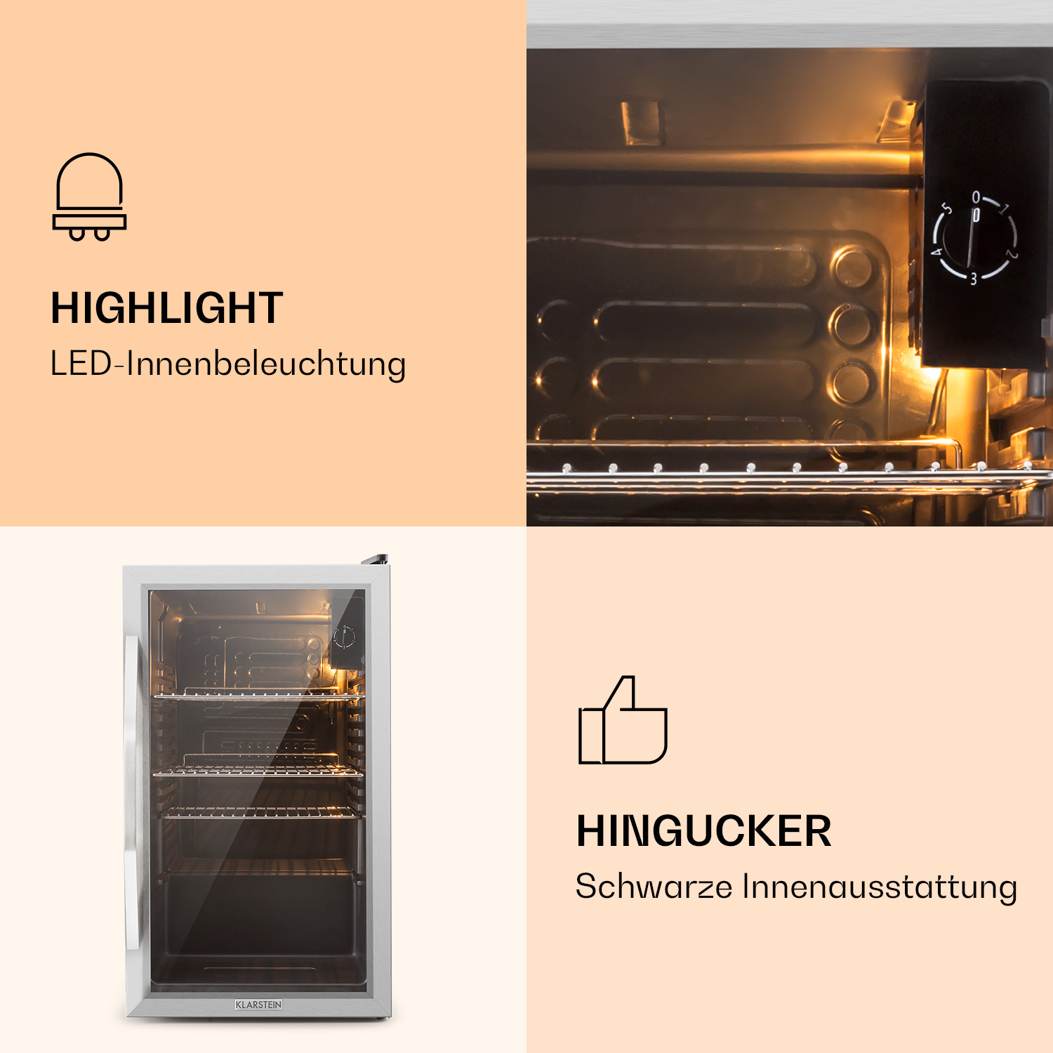 Ein Gerät, das das Innere zeigt. Highlight: LED-Innenbeleuchtung. Unten wird das Gerät gezeigt.