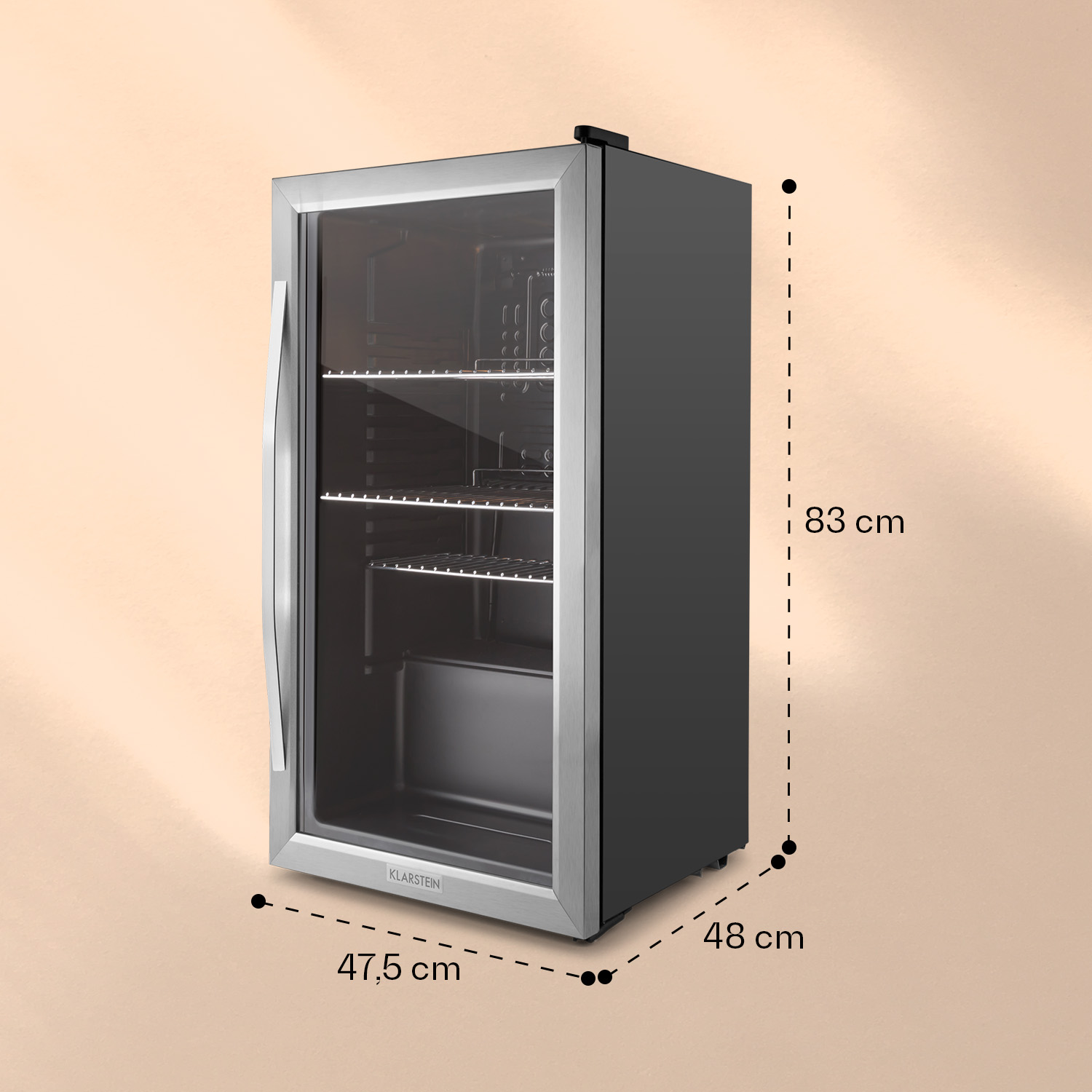 Ein schwarzer Mini-Kühlschrank mit Glastür. Es hat beschriftete Abmessungen.