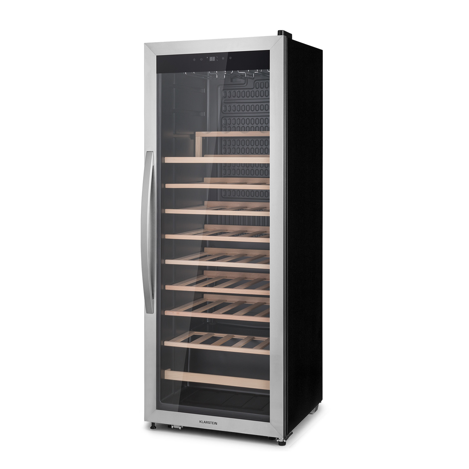 Frigorifero per vino in acciaio inox con porta in vetro e ripiani in legno, lati neri.