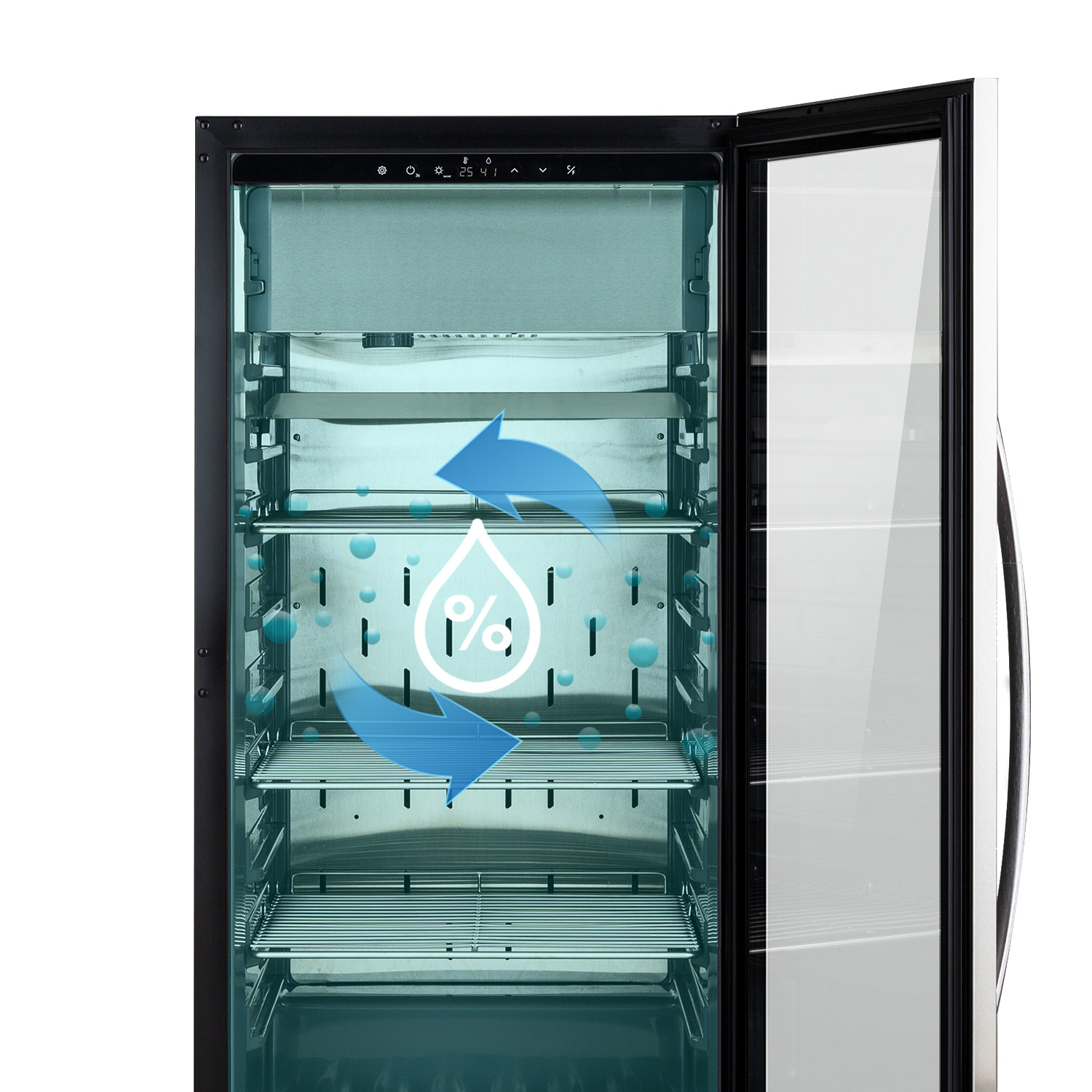 Un refrigeratore per vino nero con una porta a vetri aperta. Frecce blu e un simbolo di percentuale all'interno.