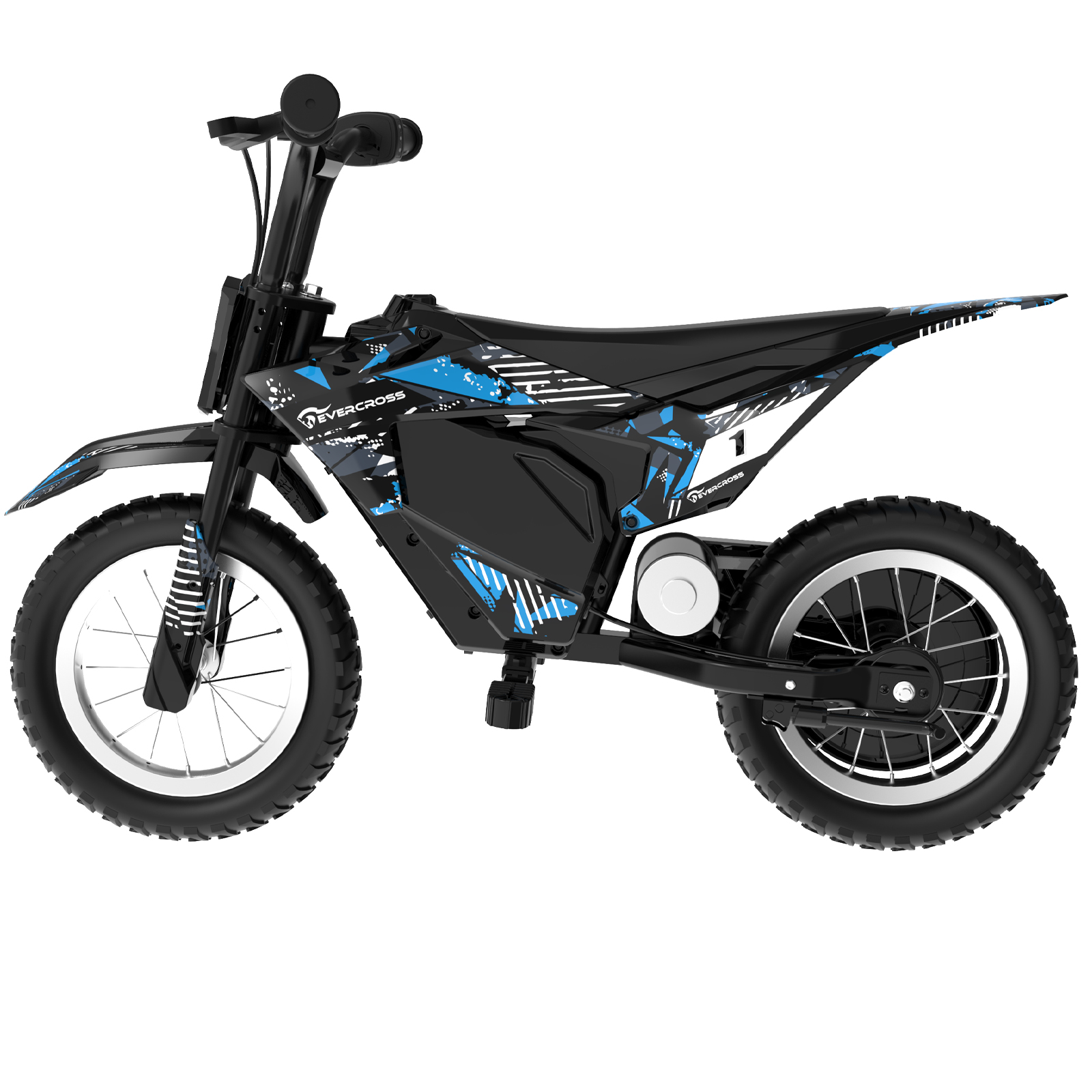 Black and blue electric dirt bike with the number 1, isolated on white background.