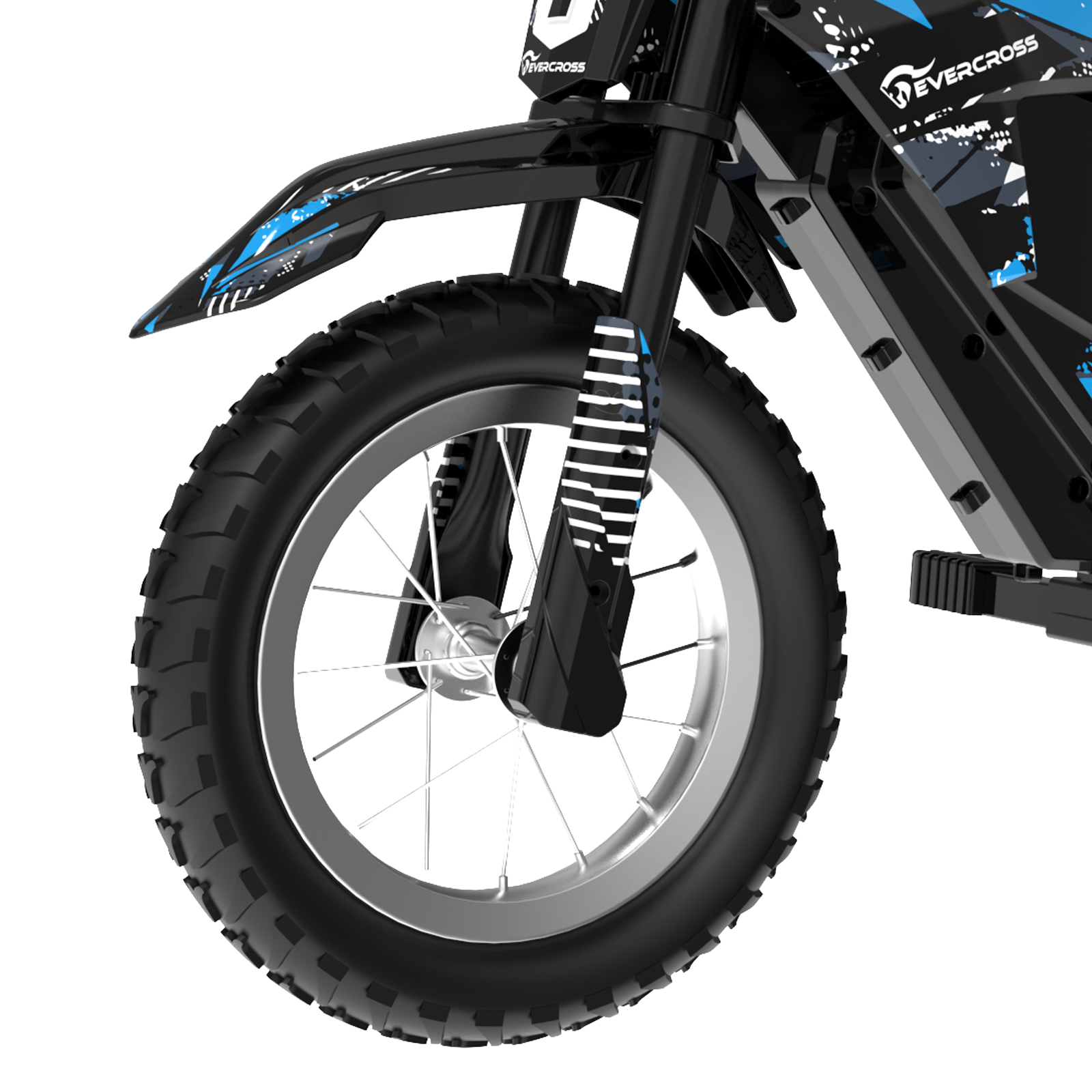 Close-up of a black and blue electric dirt bike wheel. The wheel is on a white background.