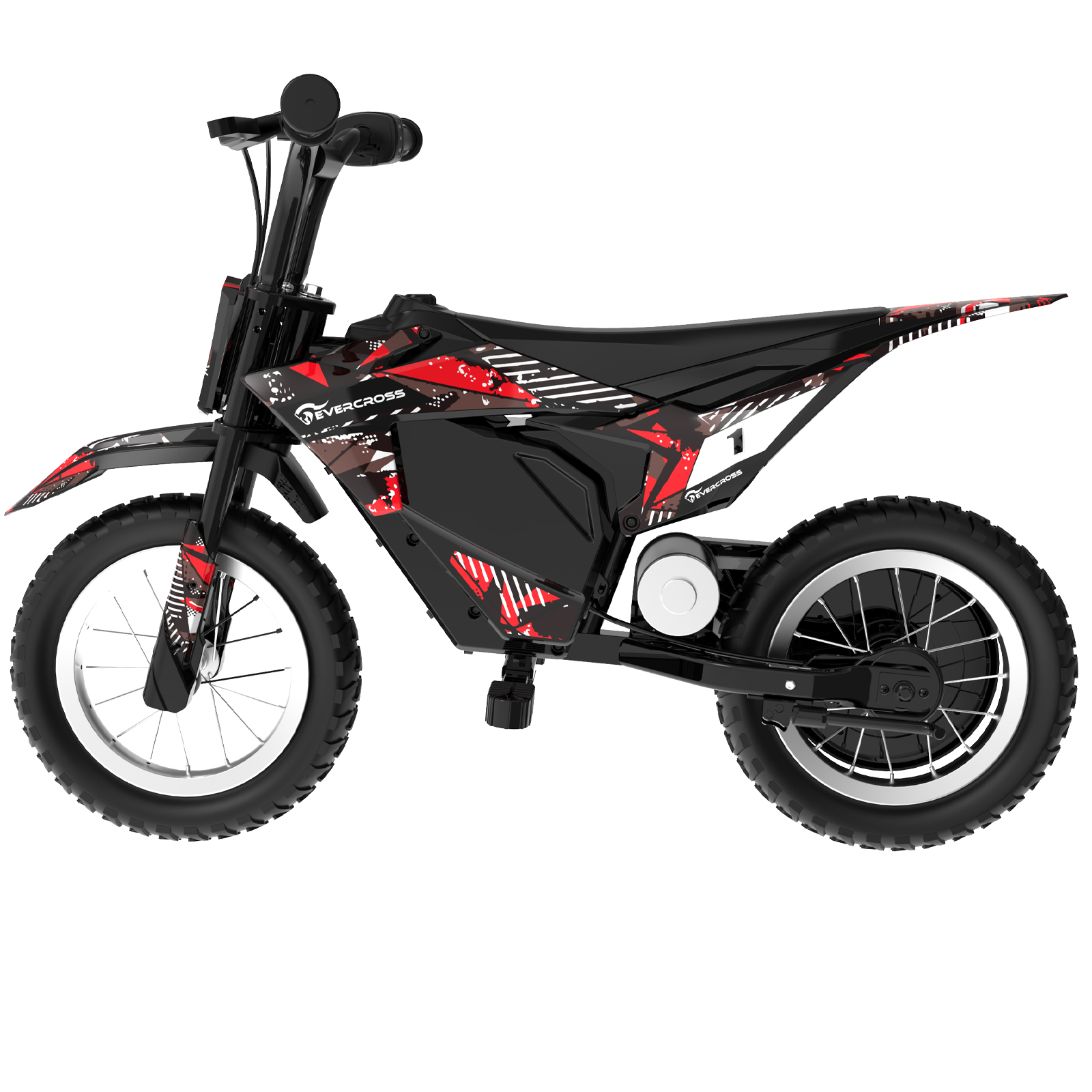 Black and red electric dirt bike against a white background.