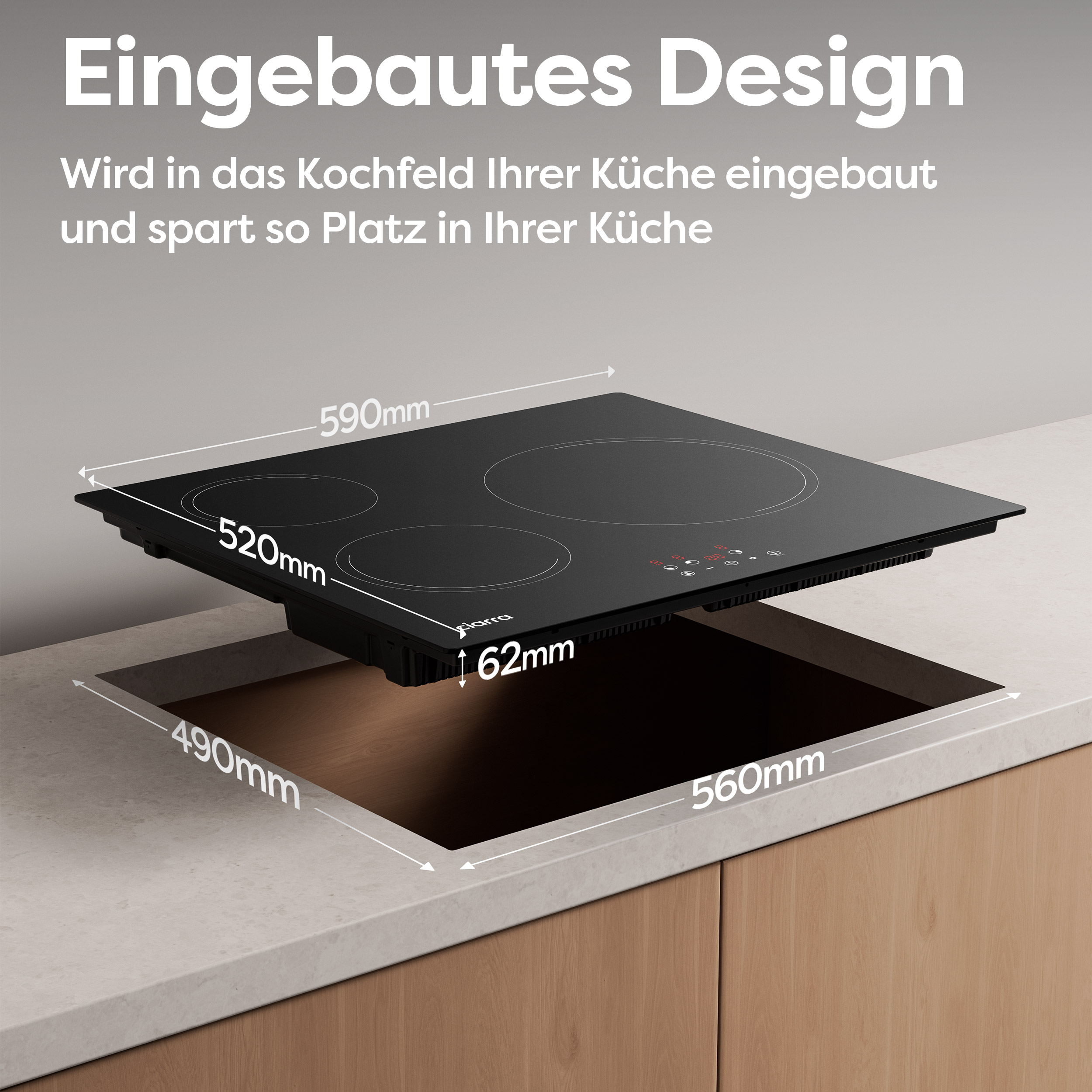 Table de cuisson à induction noire avec dimensions, installée dans un comptoir.