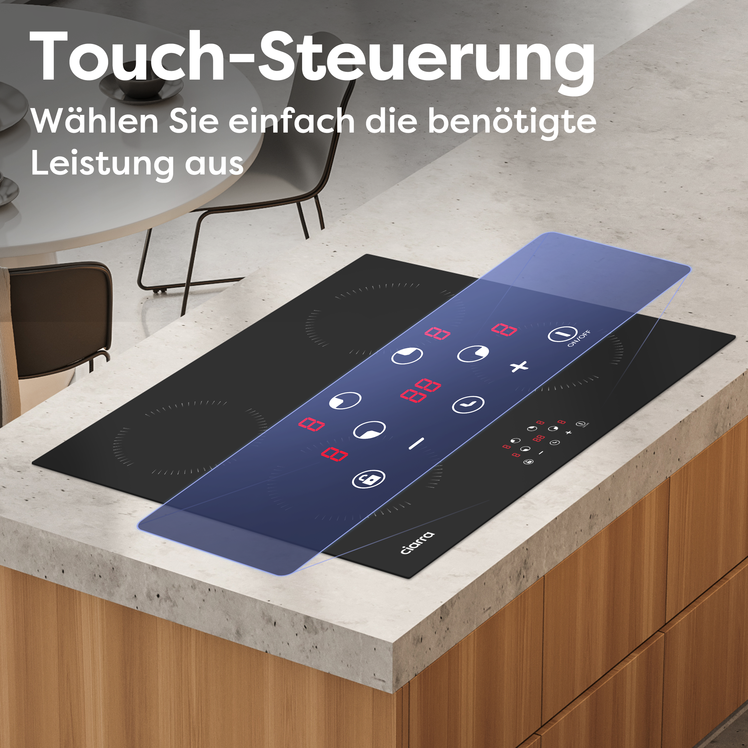 Eine Küchenszene mit einem Kochfeld mit Touch-Steuerung. Das Kochfeld ist schwarz.