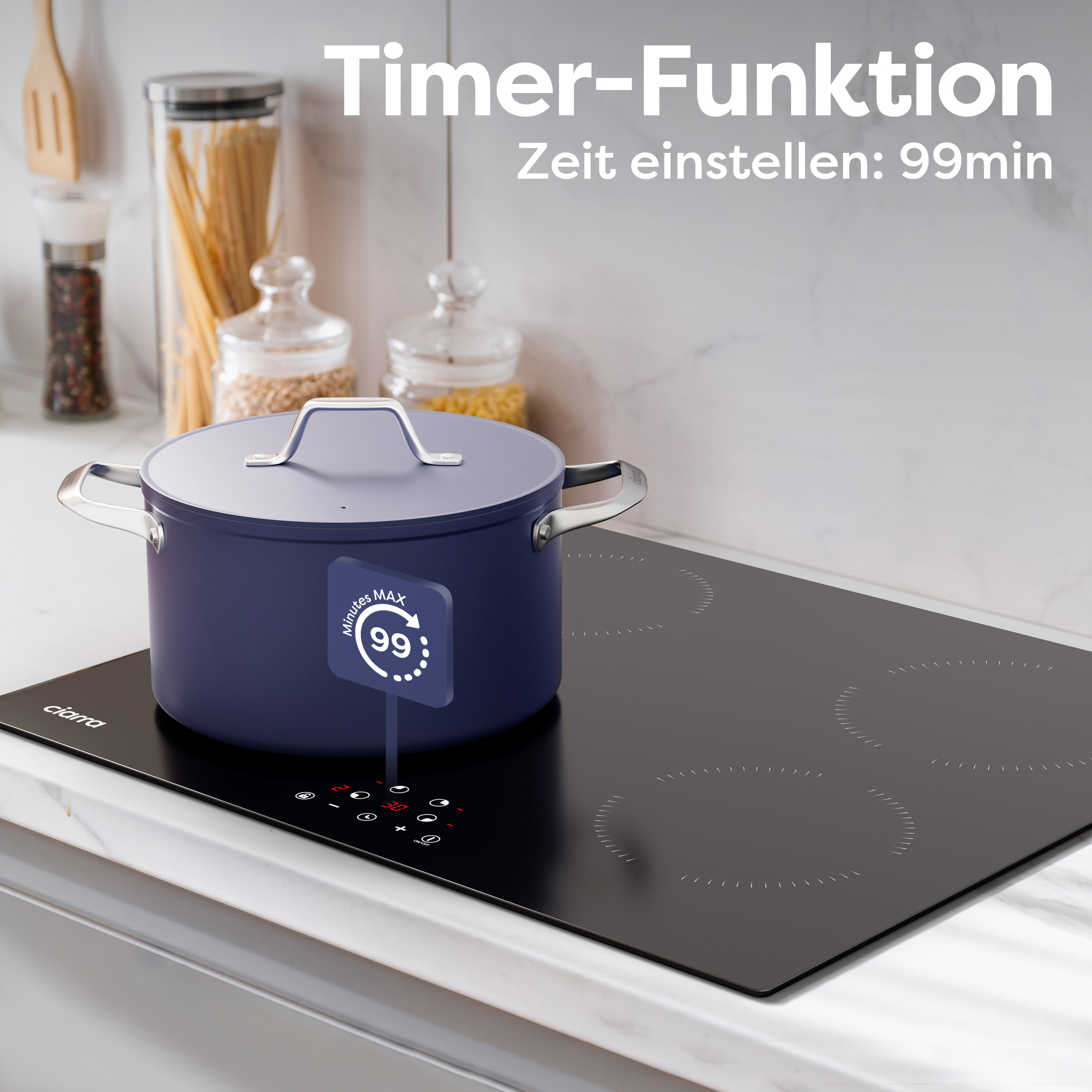 Ein blauer Topf auf einem schwarzen Induktionskochfeld mit einer Timeranzeige, die auf 99 Minuten eingestellt ist.