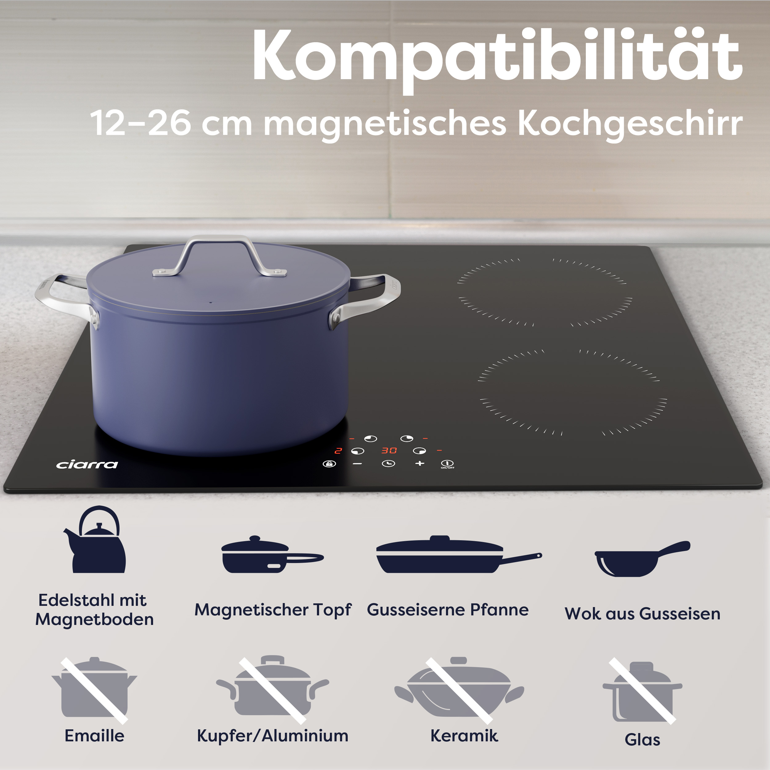 Induktionskochfeld mit einem blauen Topf und verschiedenen Symbolen, die die Kompatibilität mit verschiedenen Kochgeschirren zeigen.