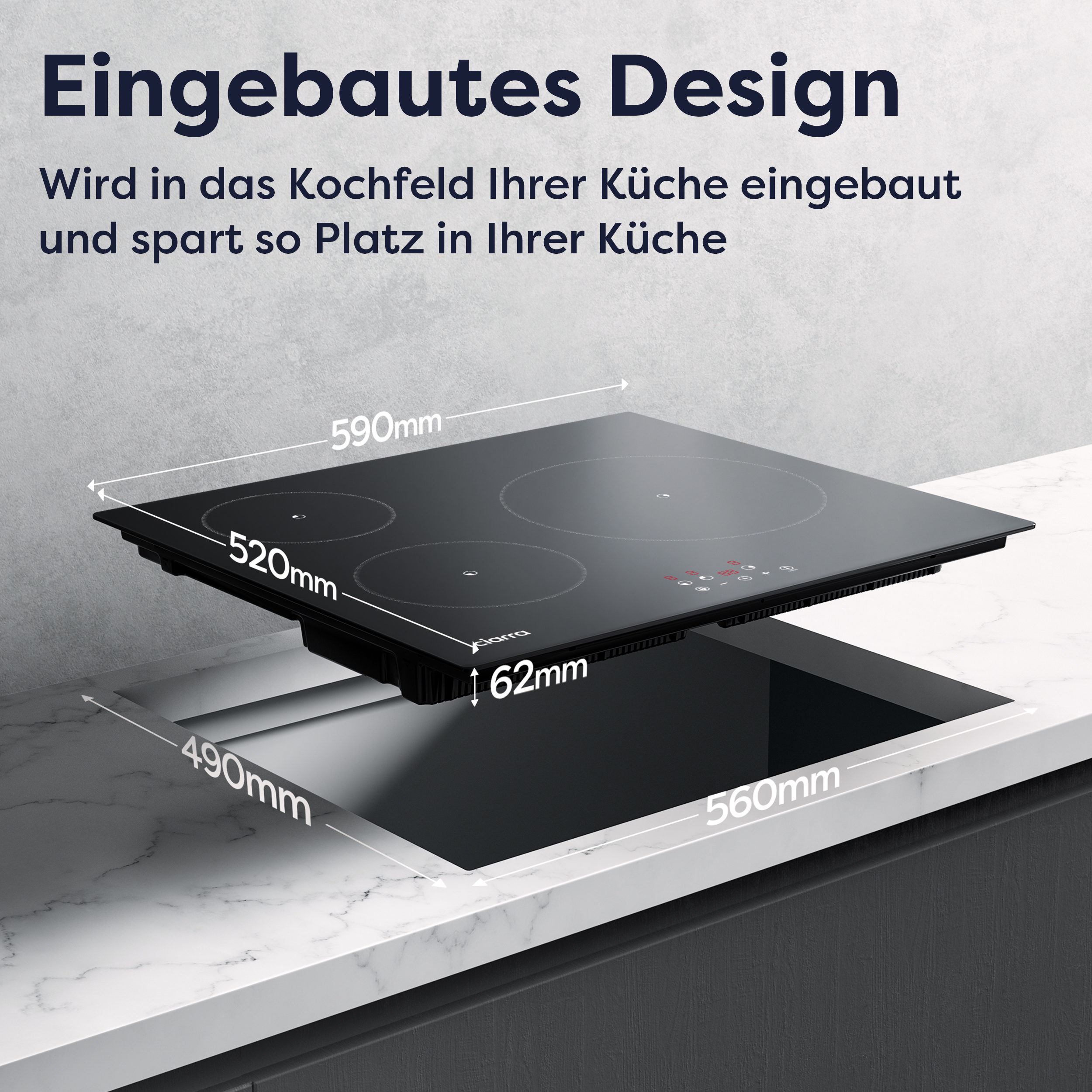 Une table de cuisson noire encastrée est présentée. La table de cuisson est sur un plan de travail blanc. Les dimensions sont affichées autour de la table de cuisson.