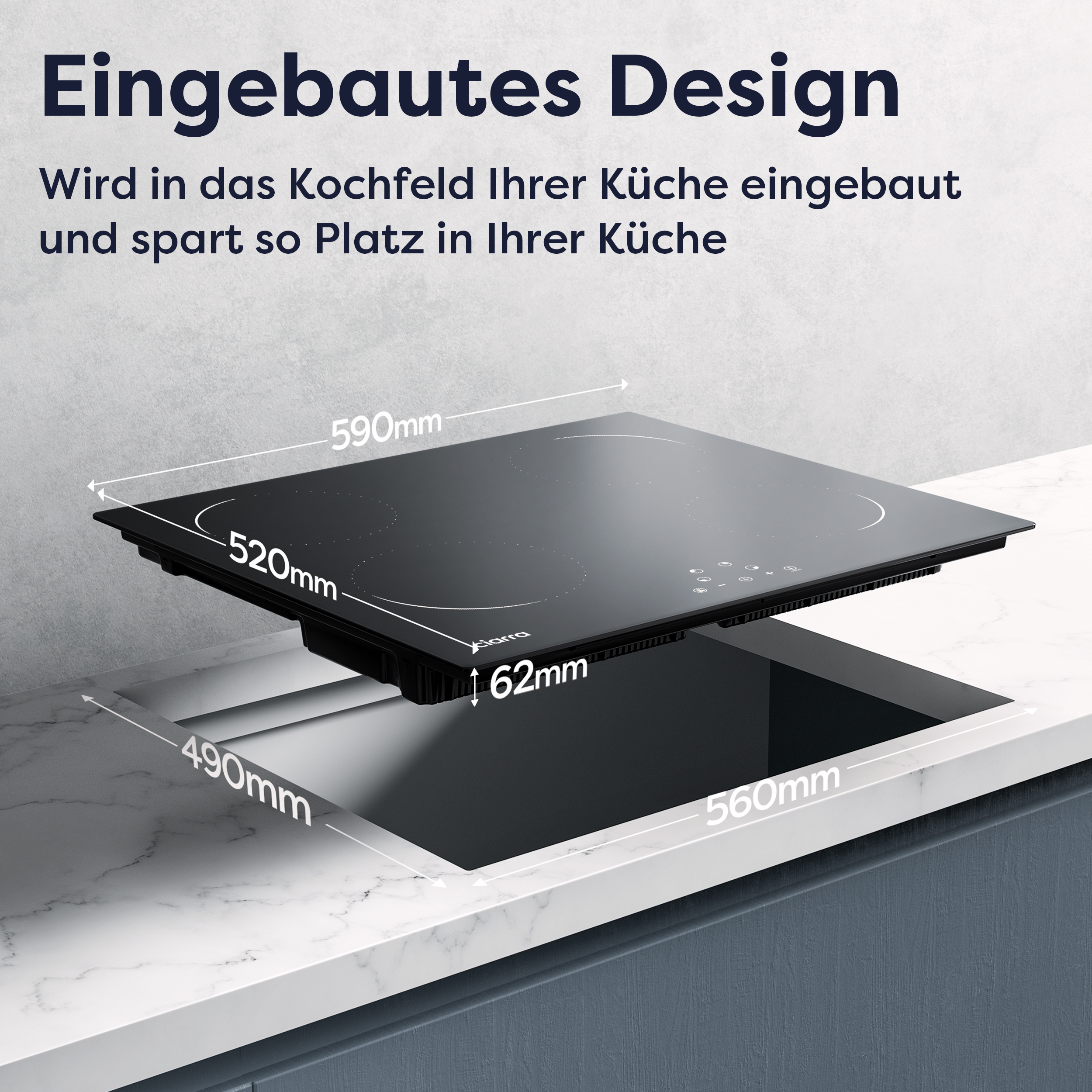 Zwarte inductiekookplaat met afmetingen. Ingebouwd ontwerp met tekst en afmetingen.