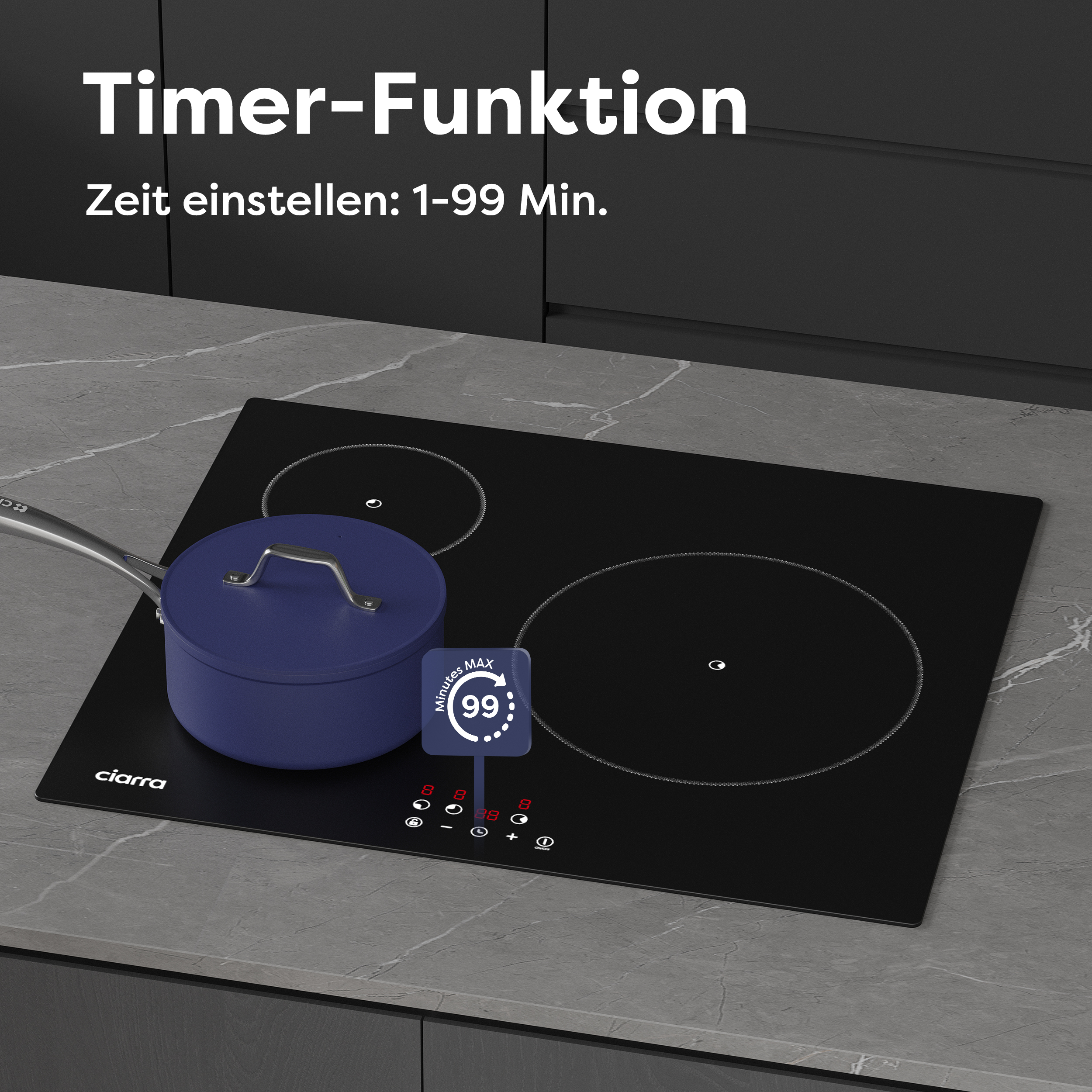 Table de cuisson à induction noire avec une casserole bleue. Elle affiche une fonction minuterie. Le texte indique : 1-99 min.