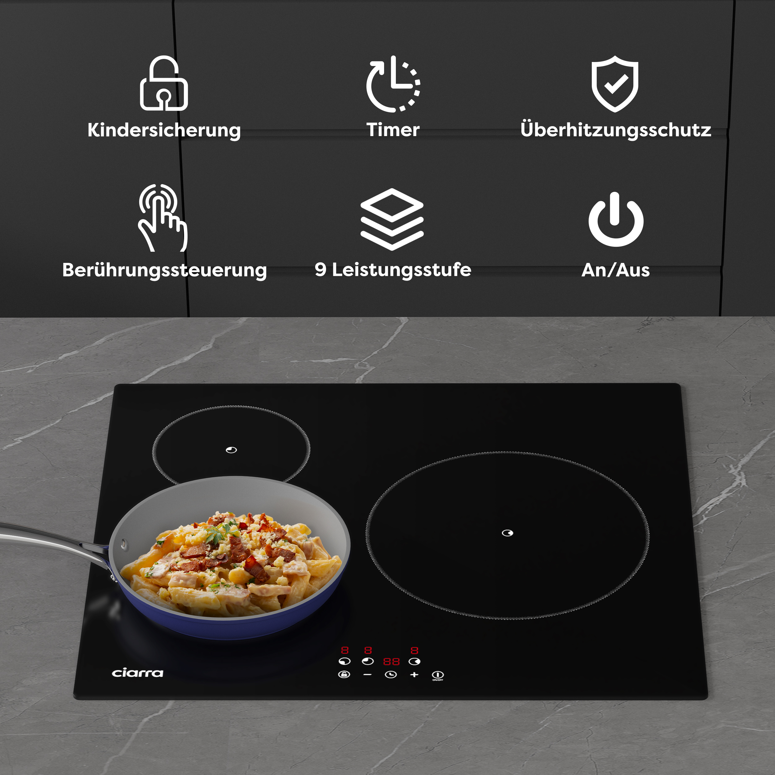 Plaque de cuisson noire avec une poêle de nourriture, entourée d'icônes sur une surface grise.